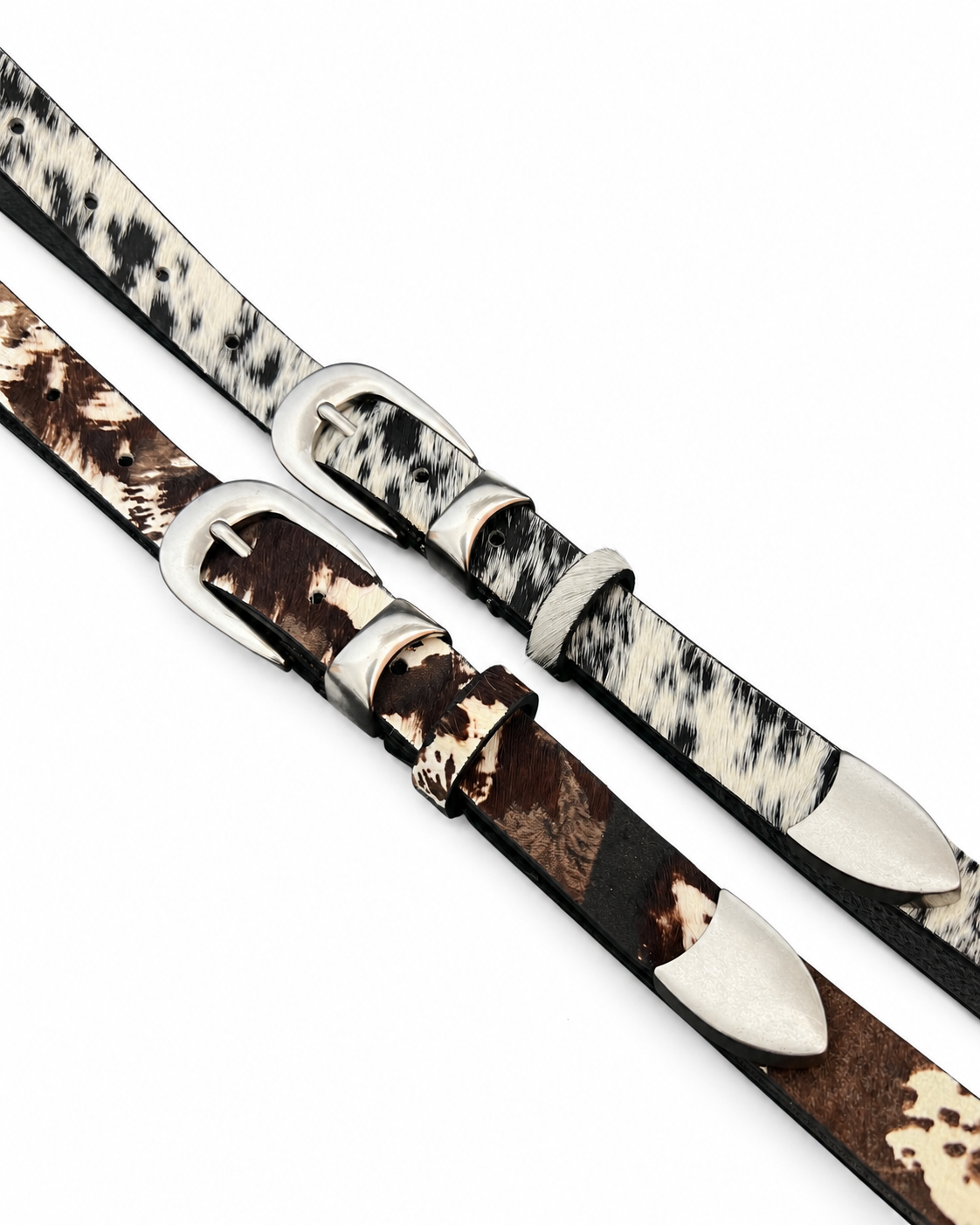 Vintage Brown & Black-and-White Cowhide Leather Belt Set — 2 Piece