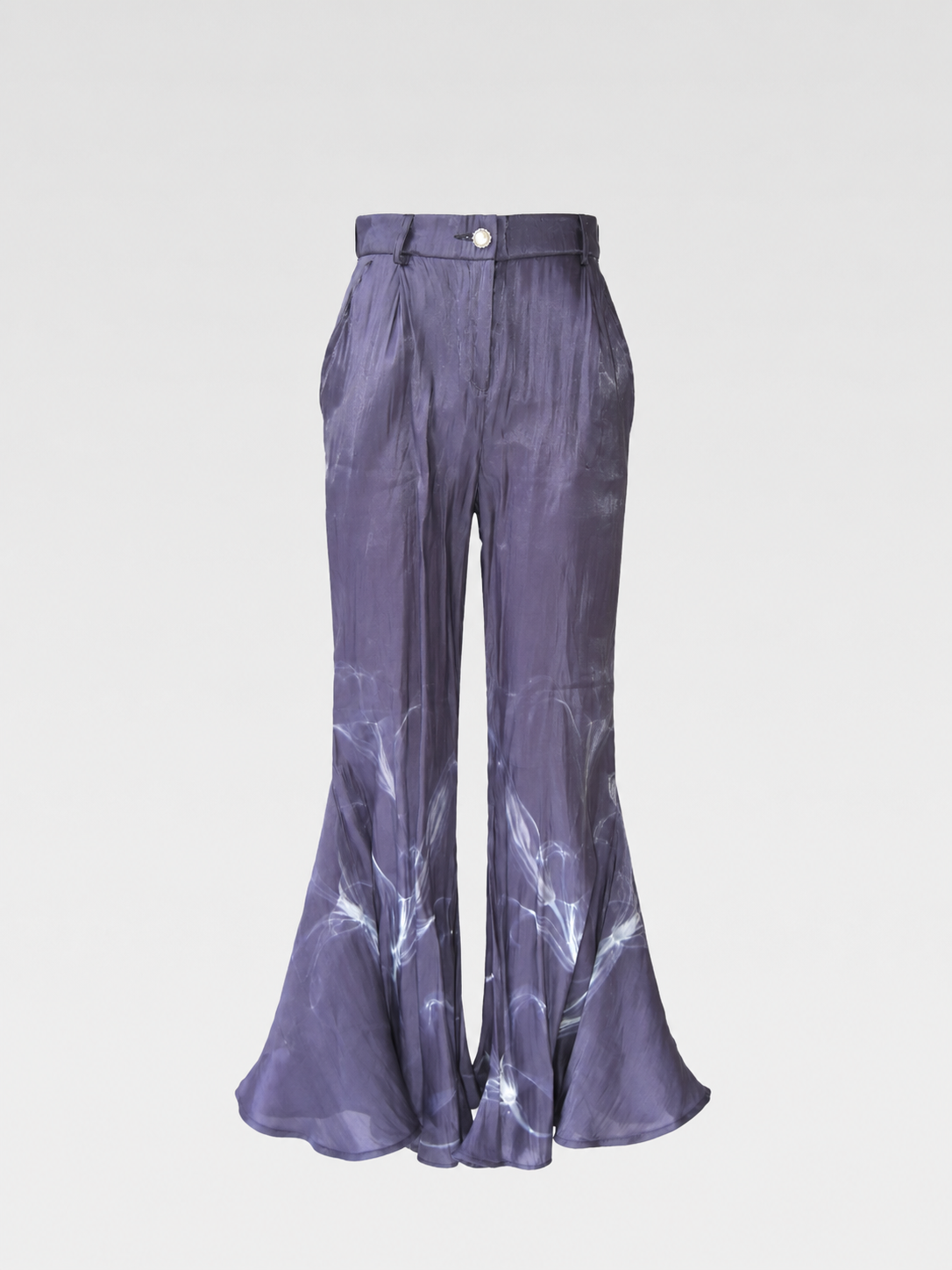 1200AM Purple Silk Lightning Print Flared Wide-Leg Trousers – Elastic Waist Statement Piece