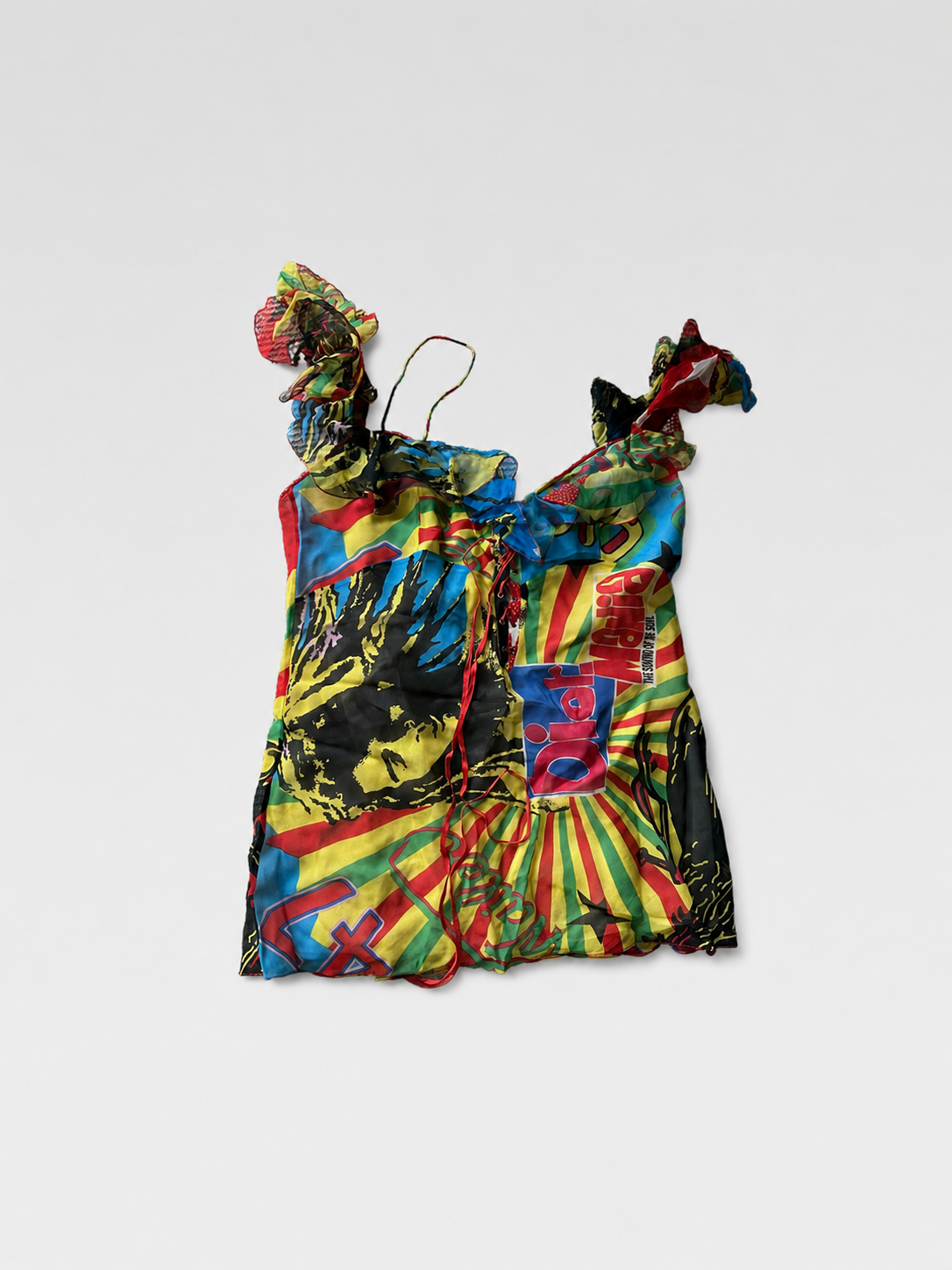 Christian Dior by John Galliano Jamaican Graphic Silk Ruffle Camisole – Multicolor Runway Archive Top