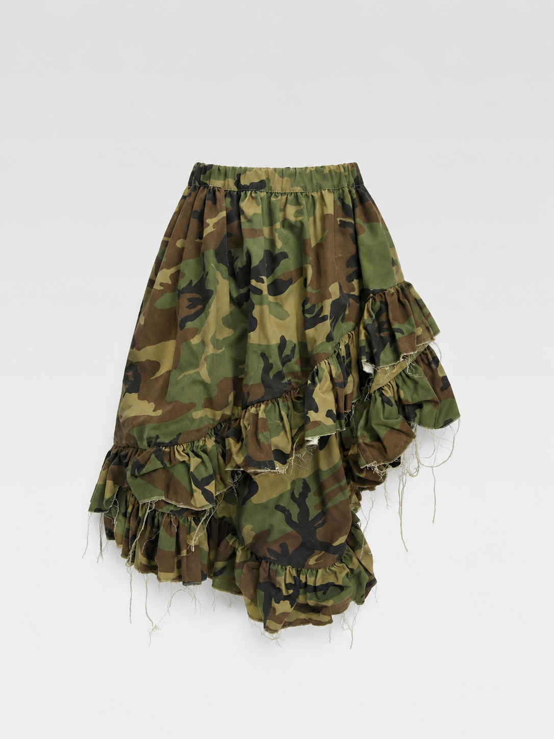 Vaquera Camouflage Ruffle Deconstructed Skirt – Asymmetric Frayed Hem, Made in USA, Elastic Waist (Fits S–M)