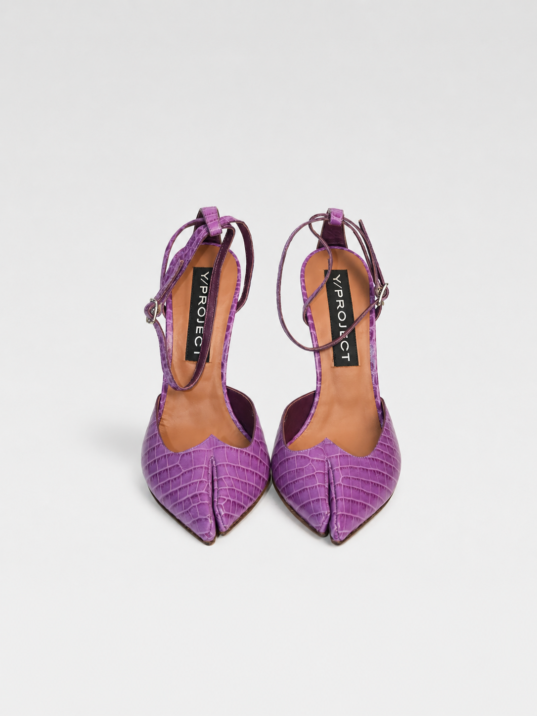 Y/Project Croc-Embossed Sculpted Split-Toe Pumps (Lavender Violet with Ankle Strap – Made in Italy)