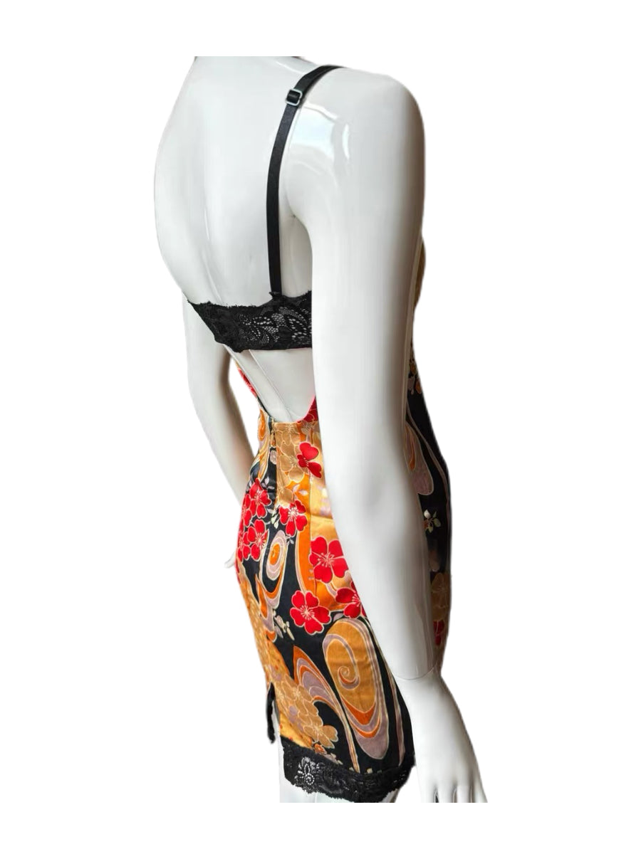 Dolce & Gabbana Y2K Runway Silk Oriental Print Lace Slip Dress – Rare Archive Corset Mini Dress