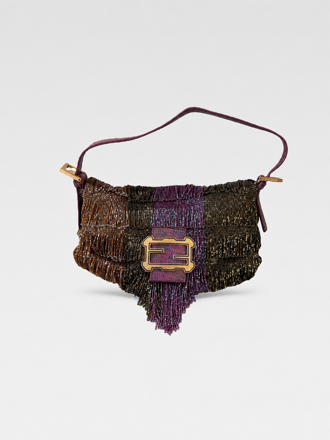 Fendi Limited Edition Beaded Fringe Baguette Bag – Multicolor Metallic Tassel Runway Statement Piece