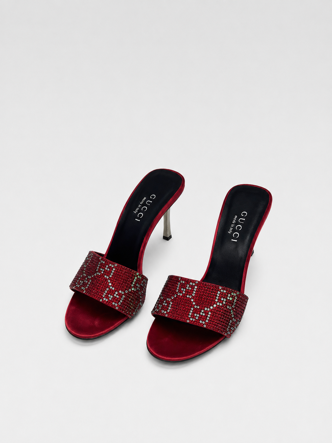 Gucci by Tom Ford Crystal GG Logo Mule Heels – Y2K Red Swarovski Slide Sandals