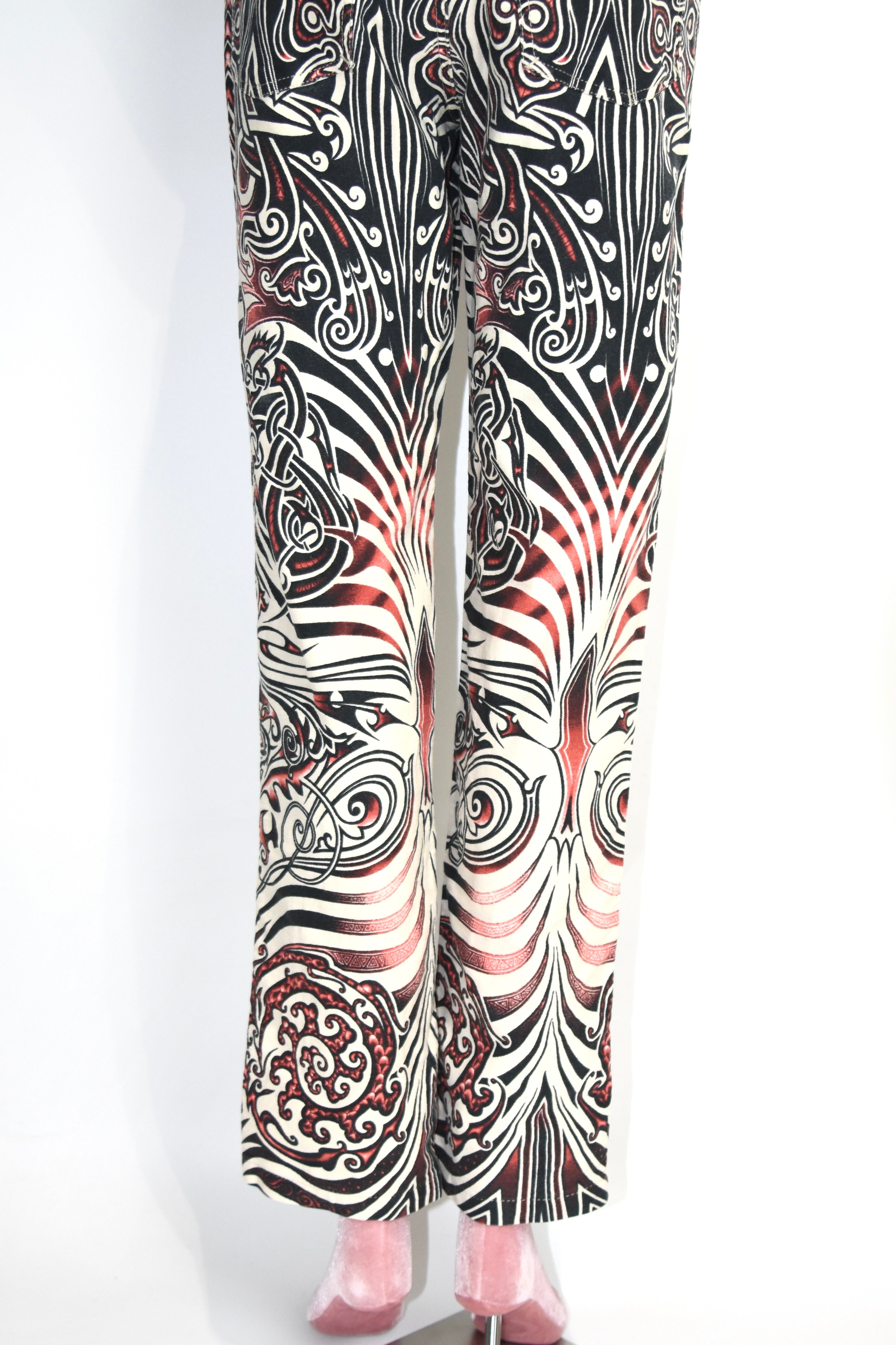 Jean Paul Gaultier Jeans Tribal Print Flared Trousers (Gothic Tattoo Swirl in Black–Red–Ivory)