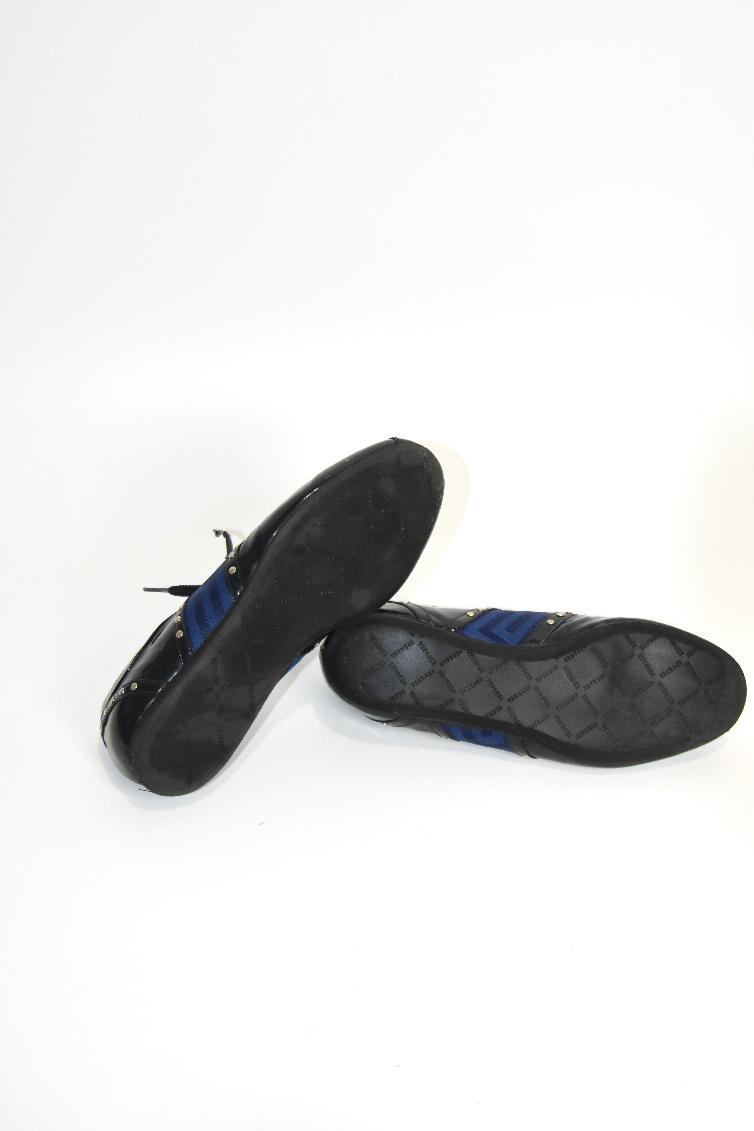 Versace Patent Leather Studded Lace-Up Sneakers – Size 37 (Made in Italy / Blue Greek Key / Archive)