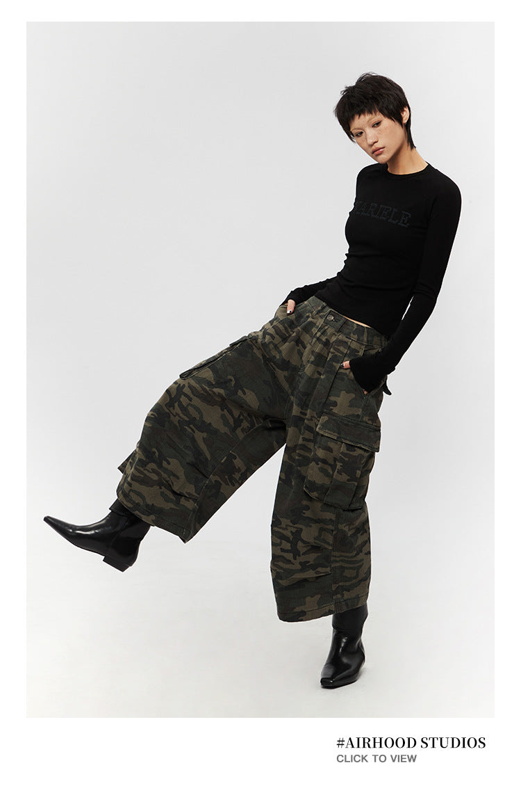 Retro Loose Camouflage Capri Pants American Style Casual Jeans for Men and Women High Street