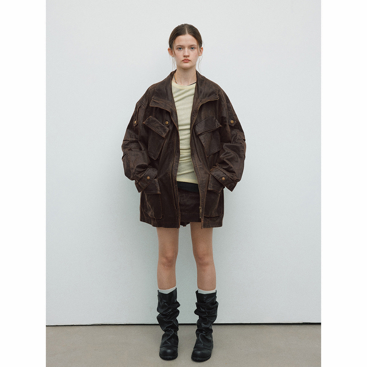 Spring New Casual Turn-Down Collar Vintage Distressed Multi-Pocket Versatile Long Jacket Coat