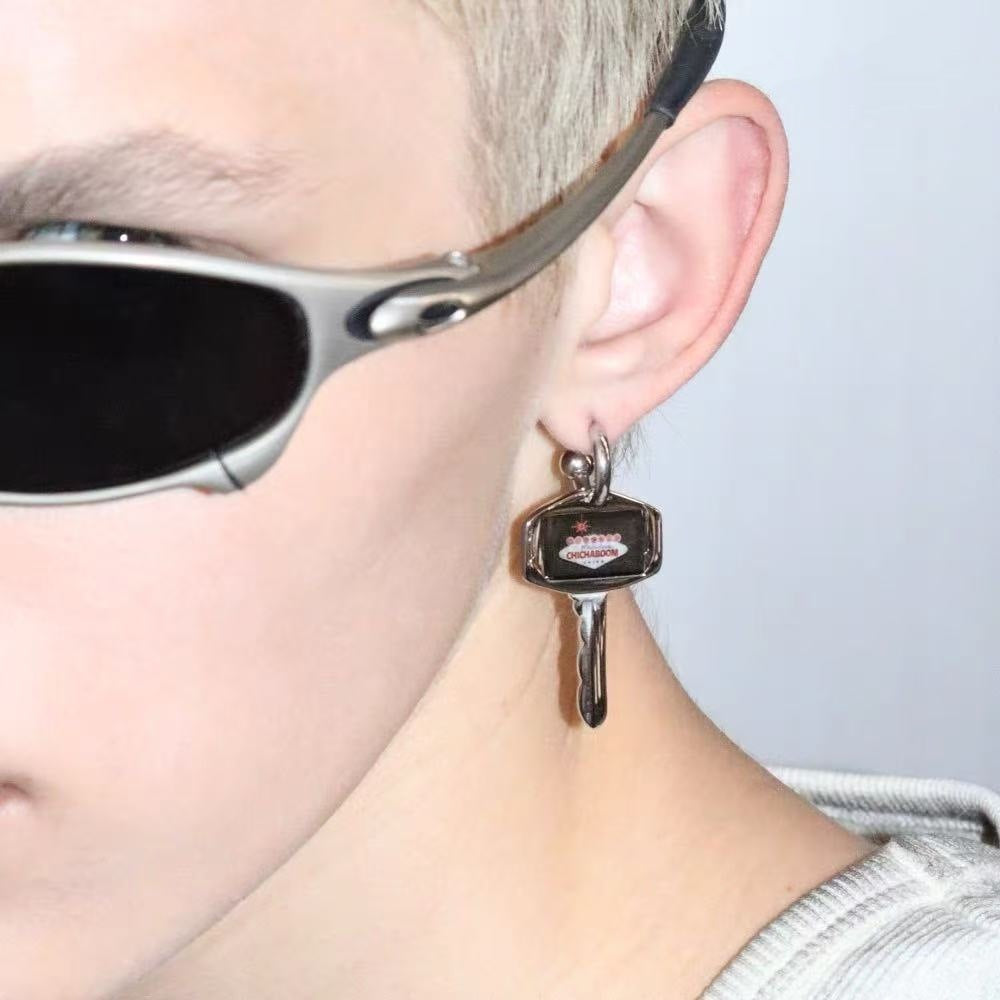 Fun and Quirky Design with Epoxy Neon Sign Key Shape Pendant Earrings Unisex Ear Accessories