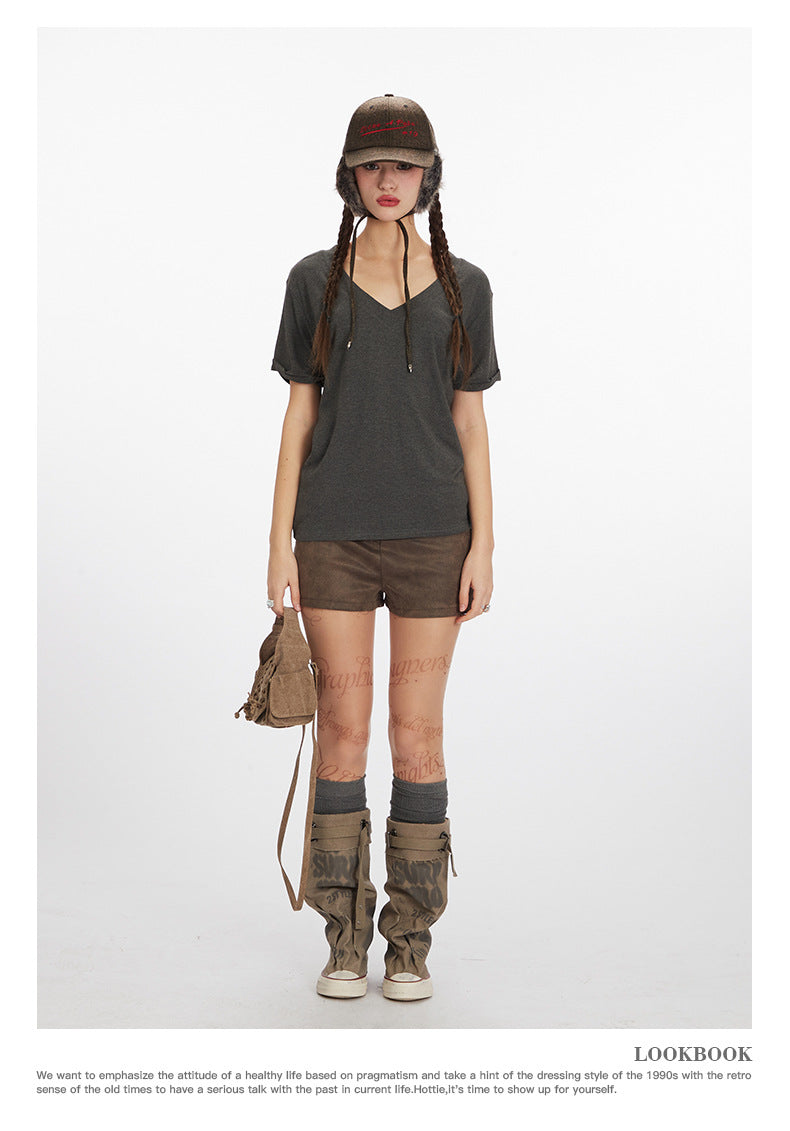 Simple Hot Girl Slimming Solid Color Top Slim Fit V Versatile Basic Short Sleeve Shirt T Women's T-shirt