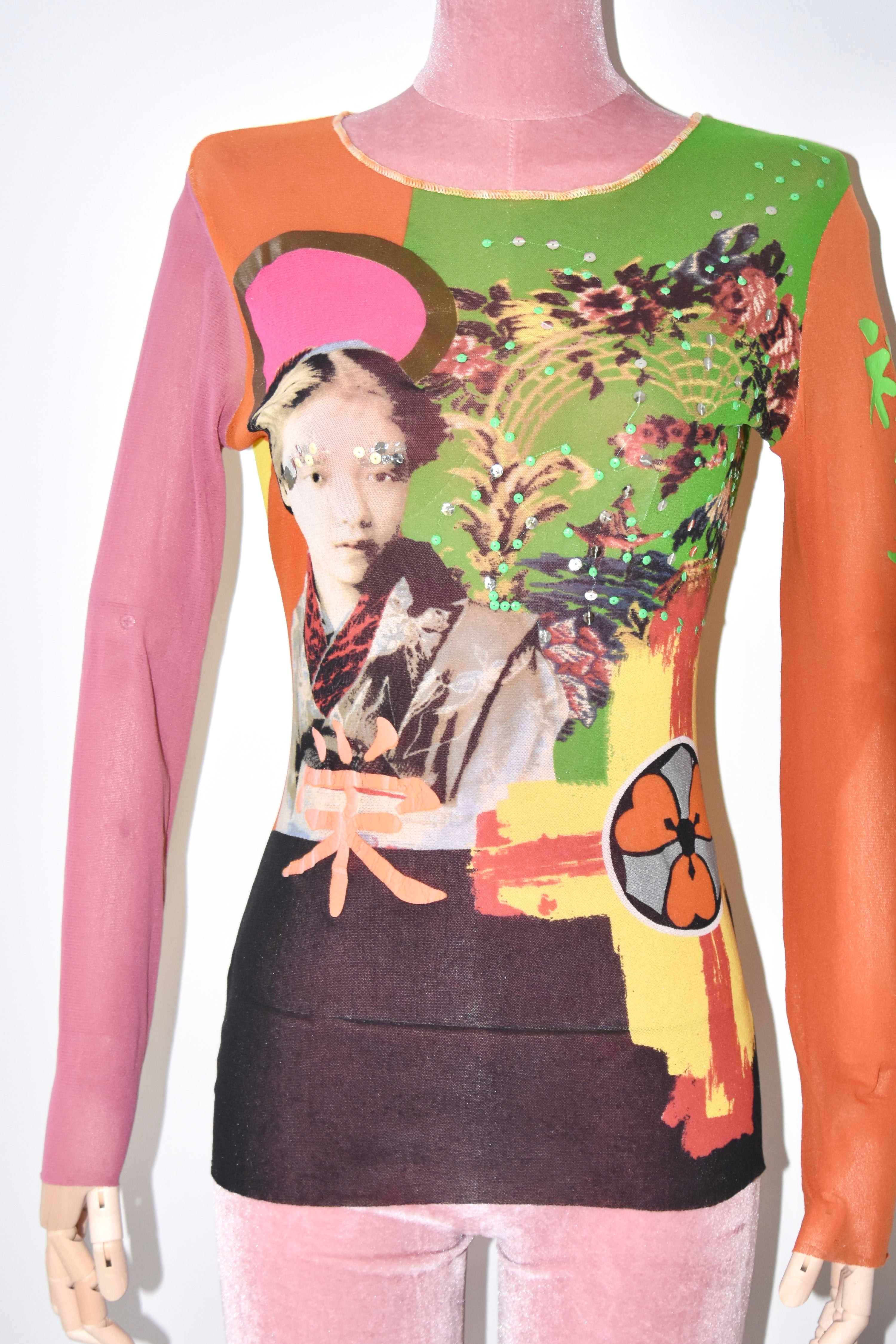 Jean Paul Gaultier Vintage Mesh Portrait Top with Chinese Characters