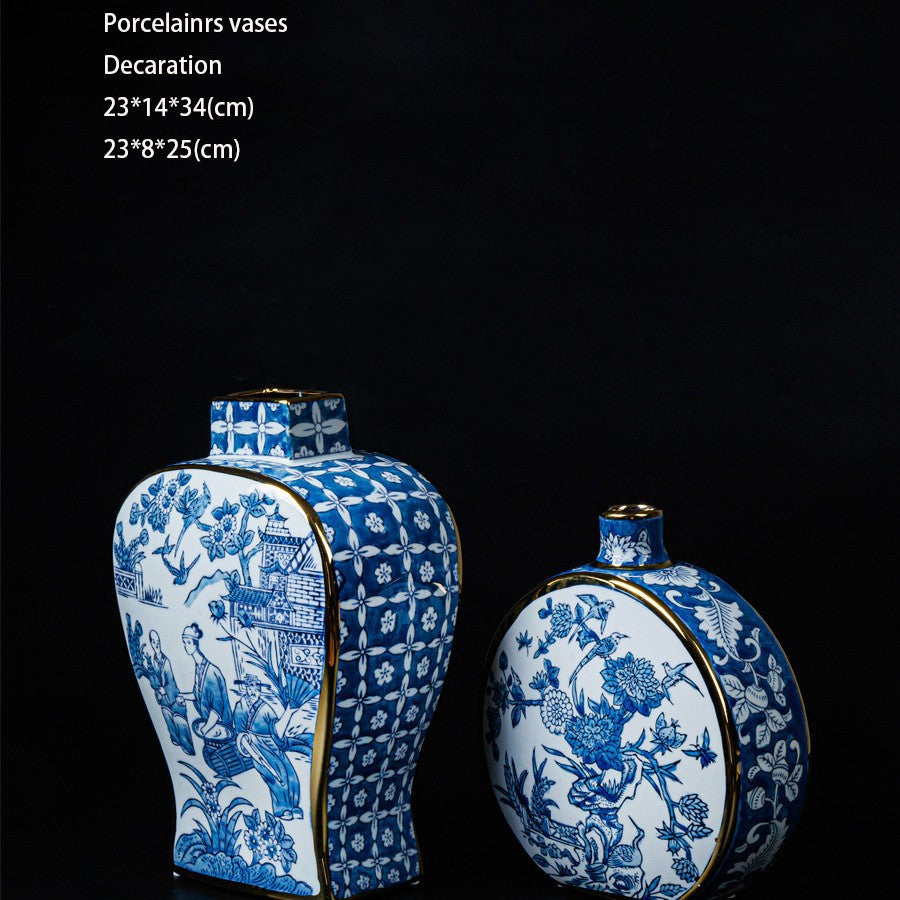 Oriental Paris Blue and White Porcelain Grisaille New Chinese Style Ink Painting Gold-Embossed Color Porcelain Vase Ornament