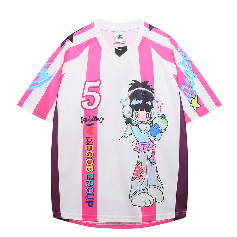 Y2K Cute Football Print Pink and Purple Mesh Breathable Short Sleeve T-shirt