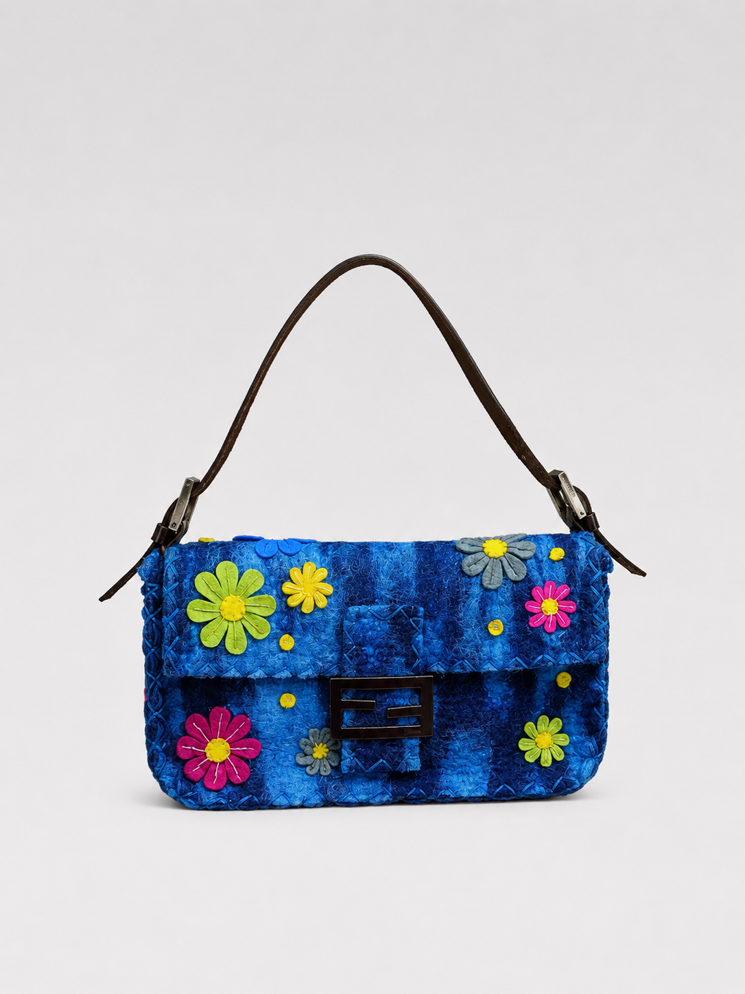Fendi Vintage Floral Felt Baguette Bag Blue Patchwork Appliqué Runway Style Mini Shoulder Bag Rare Archive Piece