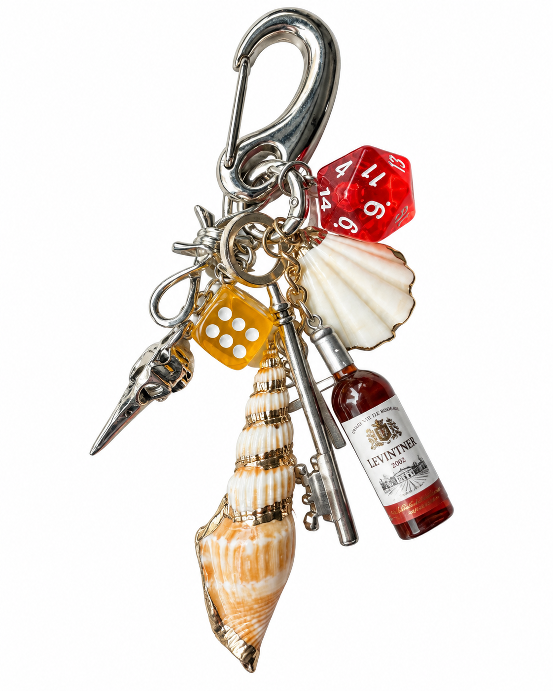 Silver Korean-Style Top Handle & Crossbody Bag with Handmade Seashell & Conch Wine Bottle Keychain Charm Set