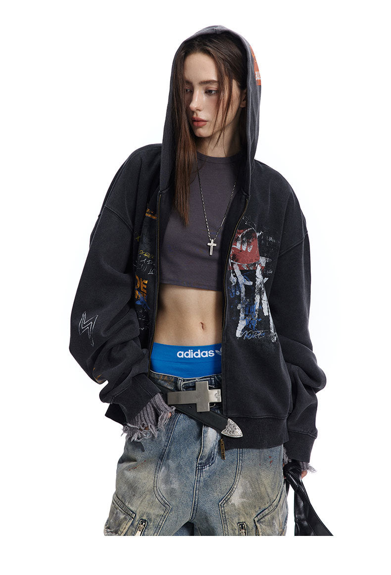 Street hip-hop graffiti sweatshirt for men and women, spring and autumn season oversize Trendy Hooded Cardigan Jacket