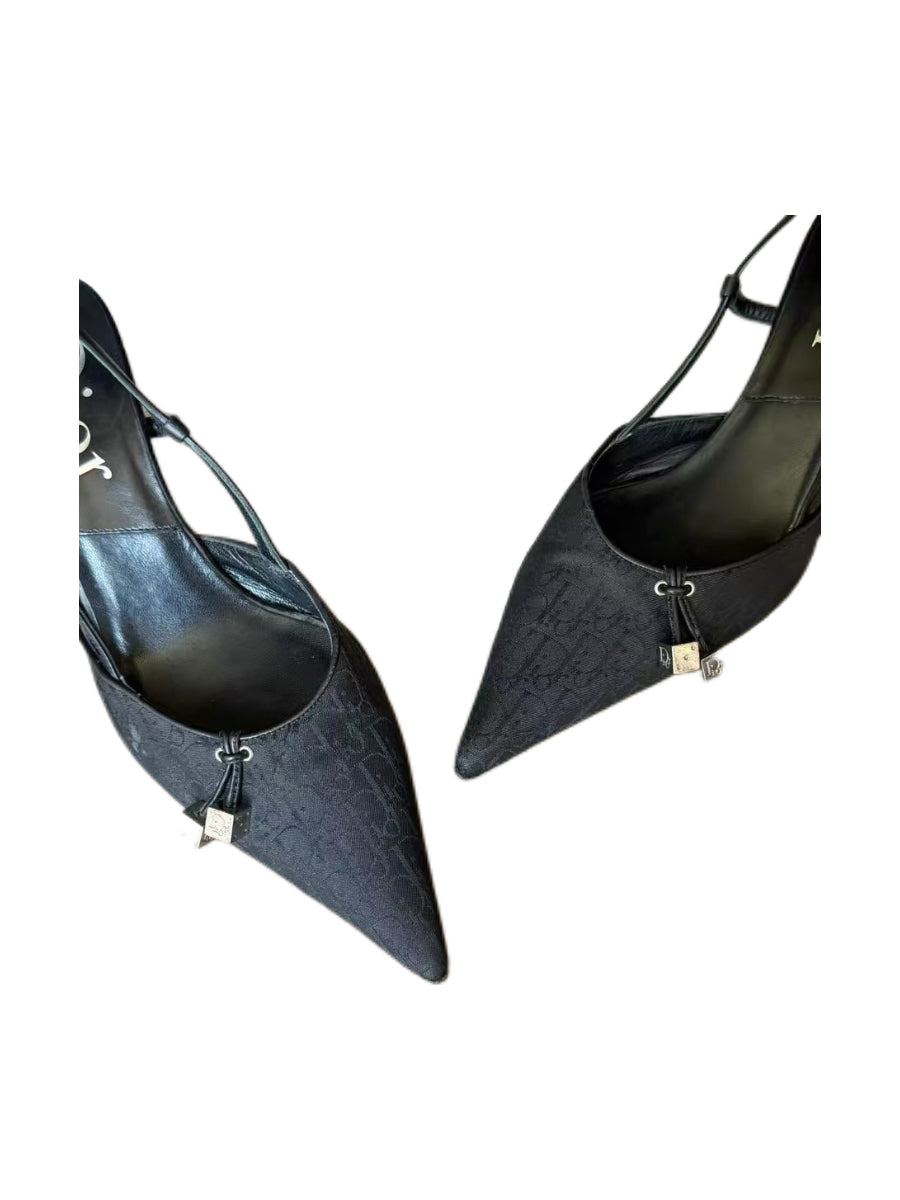 CHRISTIAN DIOR BY JOHN GALLIANO Rare Black Oblique Dice Monogram Pointed-Toe Slingback Heels