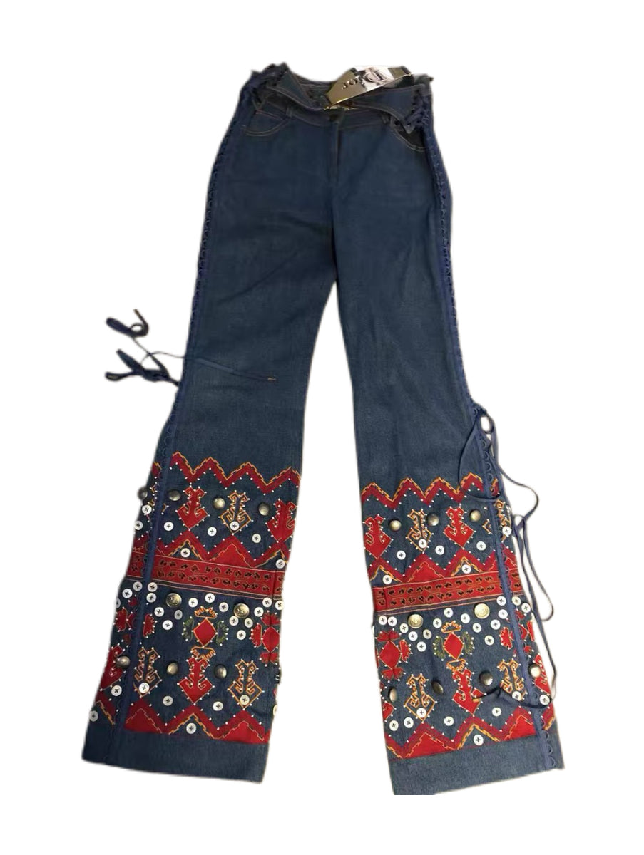 CHRISTIAN DIOR BY JOHN GALLIANO 2002 Runway Embroidered Denim Lace-Up Trousers with Mother-of-Pearl & Metal Waist Plaque