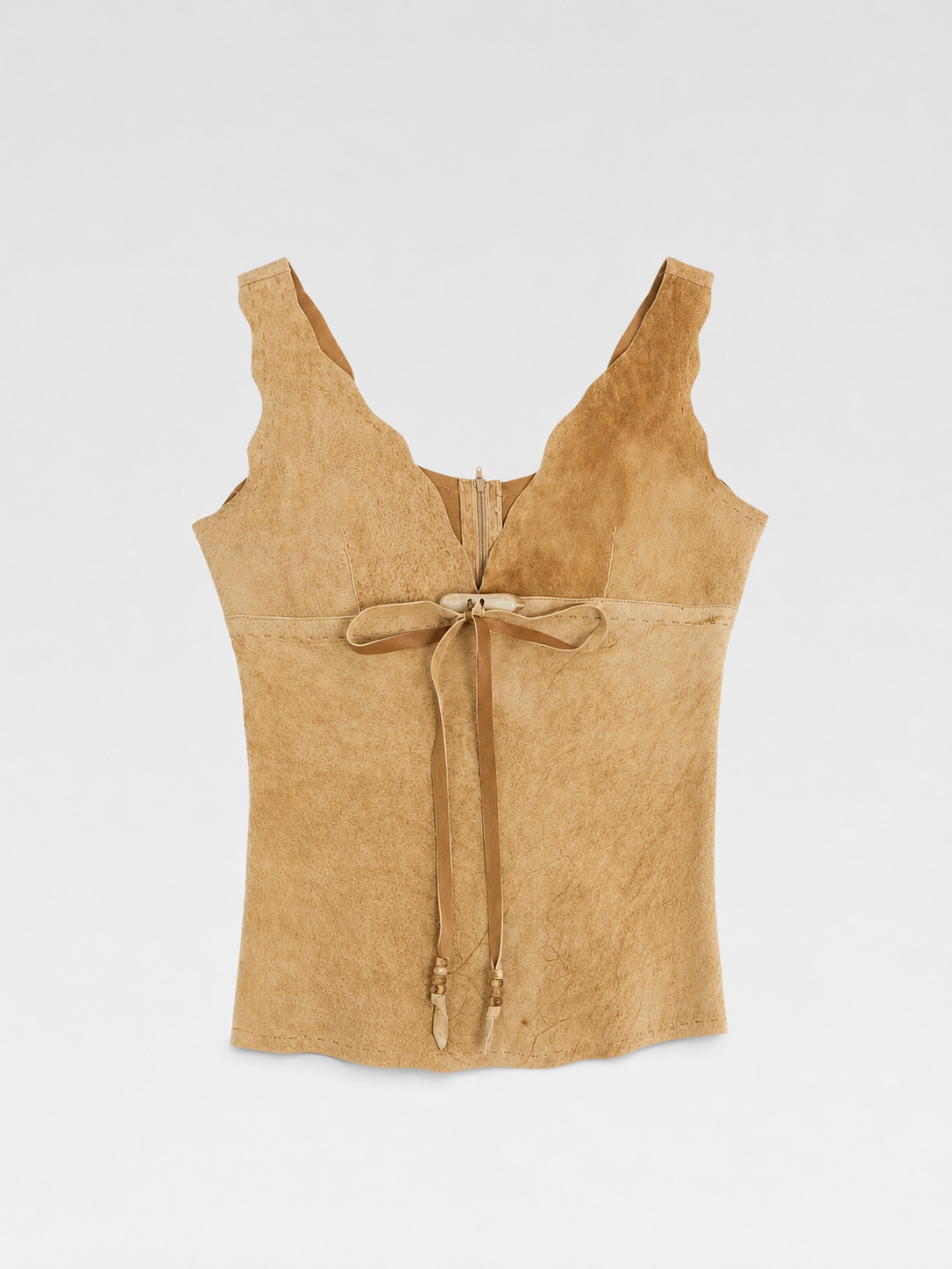 Dolce & Gabbana D&G Vintage Raw Edge Suede Tie Front Leather Vest Top – Rare Archive XS