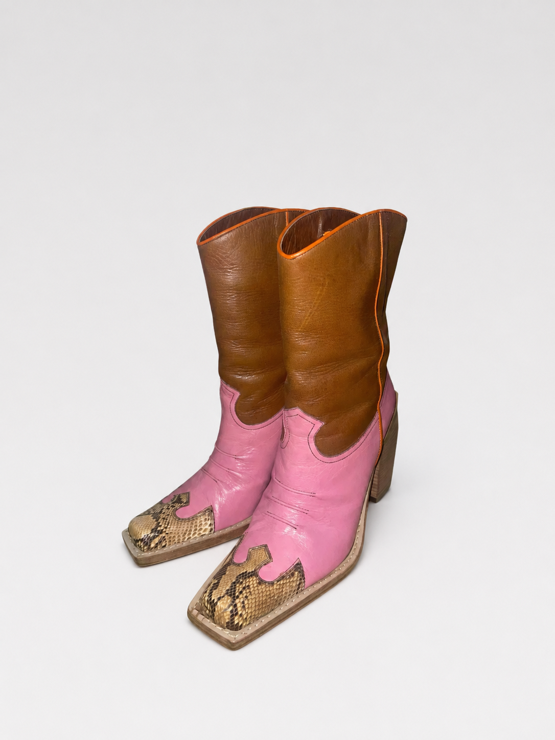 Miu Miu Vintage Pink Western Patchwork Leather Snake Toe Boots – Block Heel Square Toe Y2K Archive