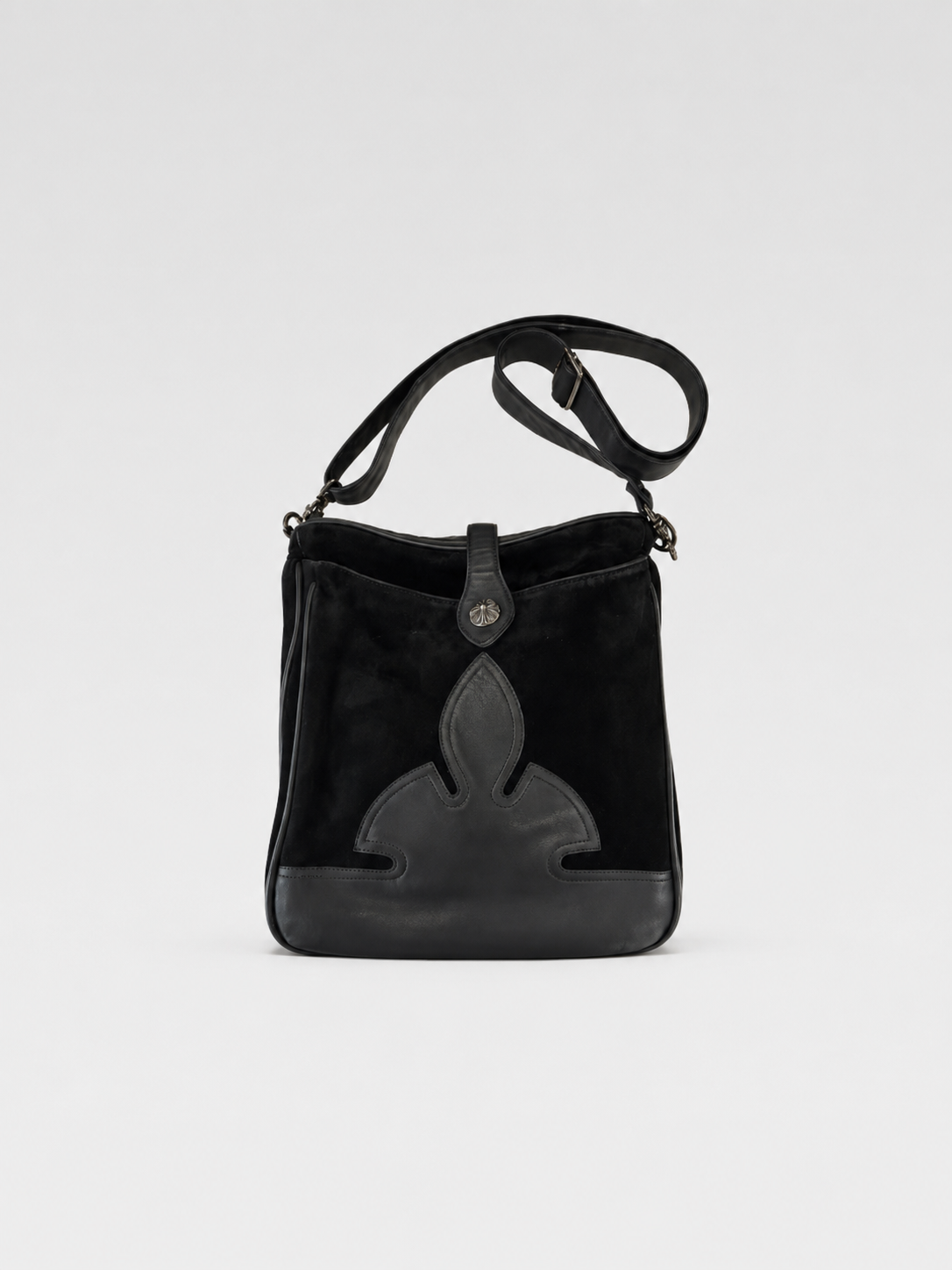 Chrome Hearts Black Suede Crossbody Messenger Bag – Flame Leather Patch Gothic Shoulder Bag
