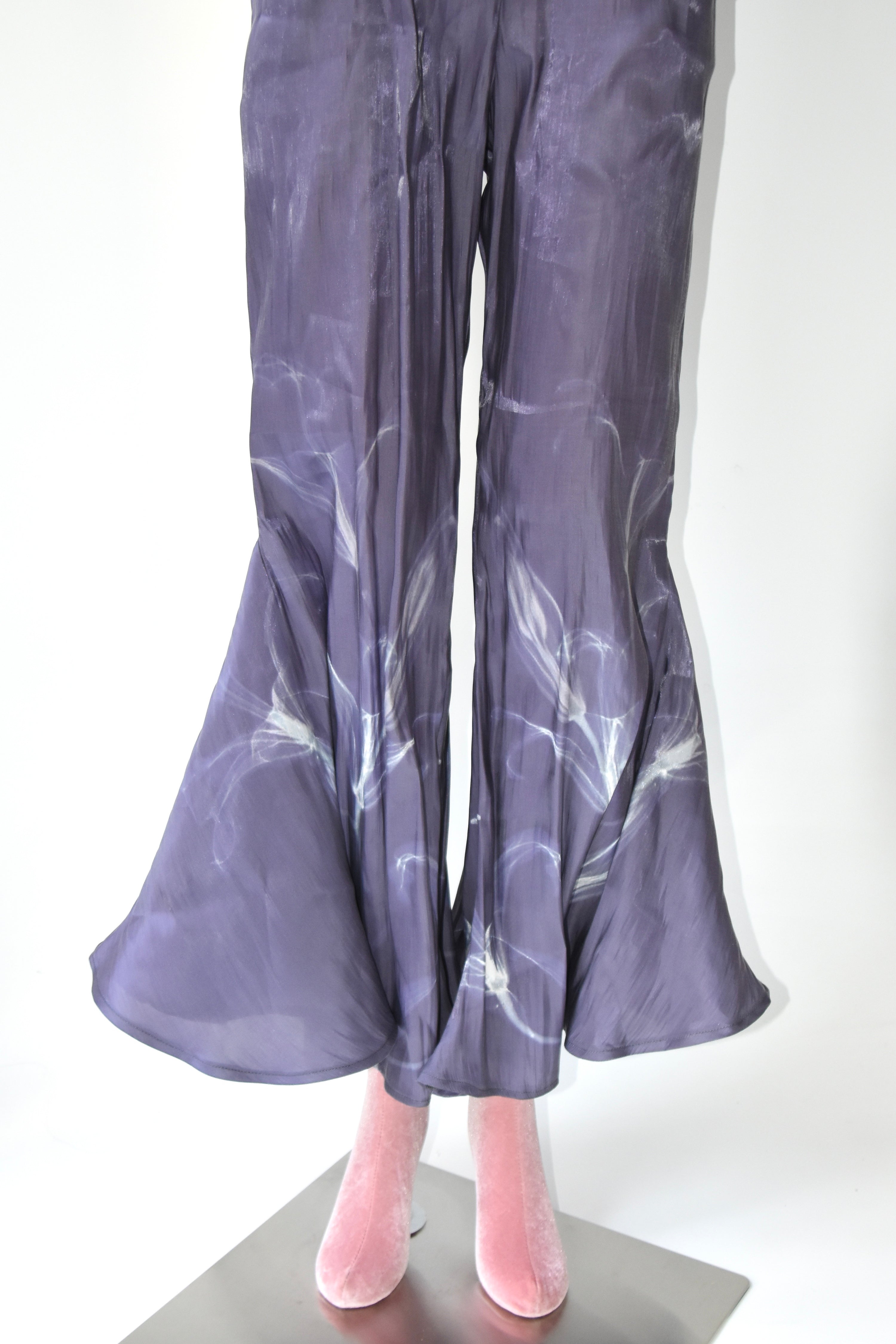 1200AM Purple Silk Lightning Print Flared Wide-Leg Trousers – Elastic Waist Statement Piece