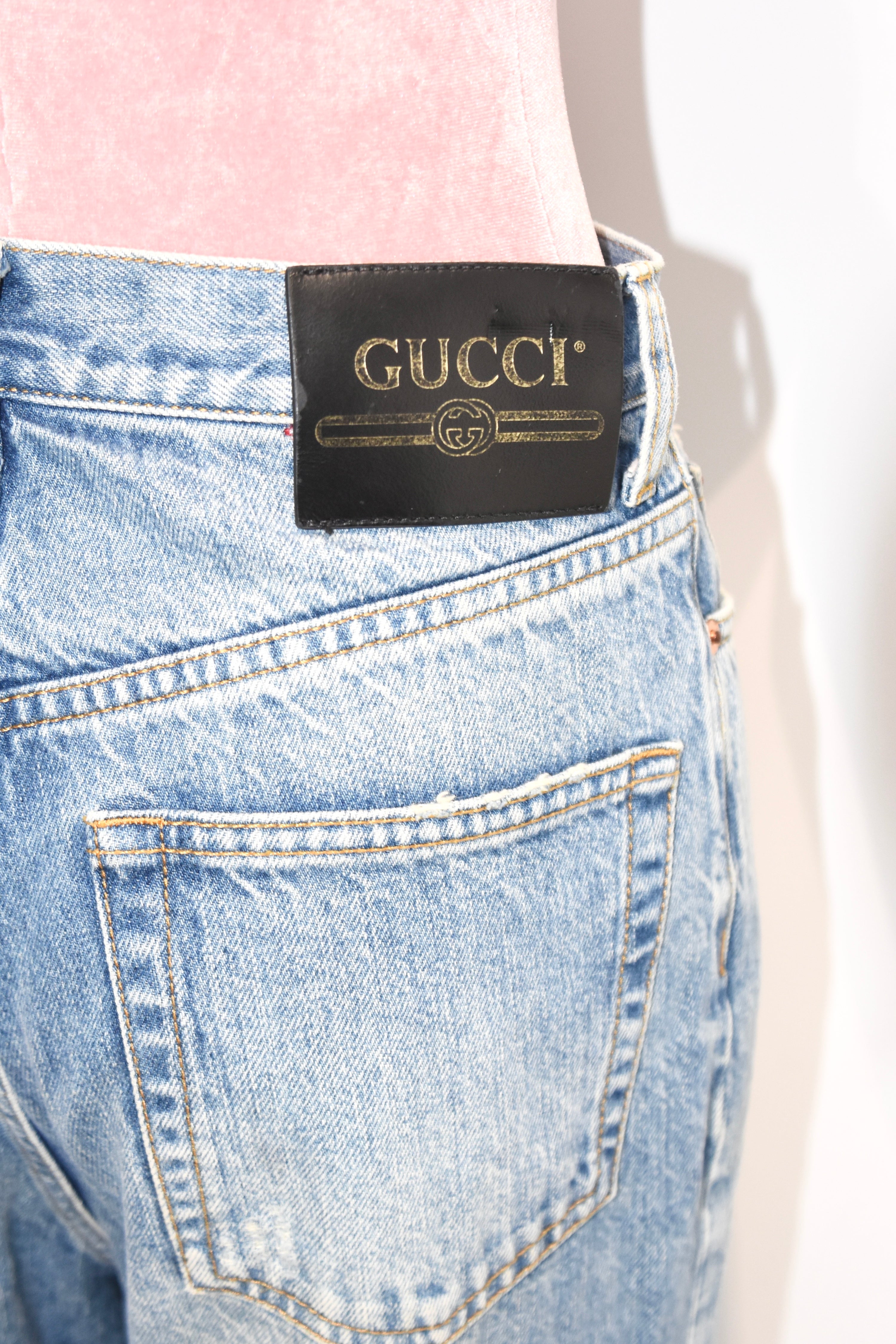 Gucci Distressed Flared Denim Jeans – Light Wash High Waist Destroyed Bootcut Pants