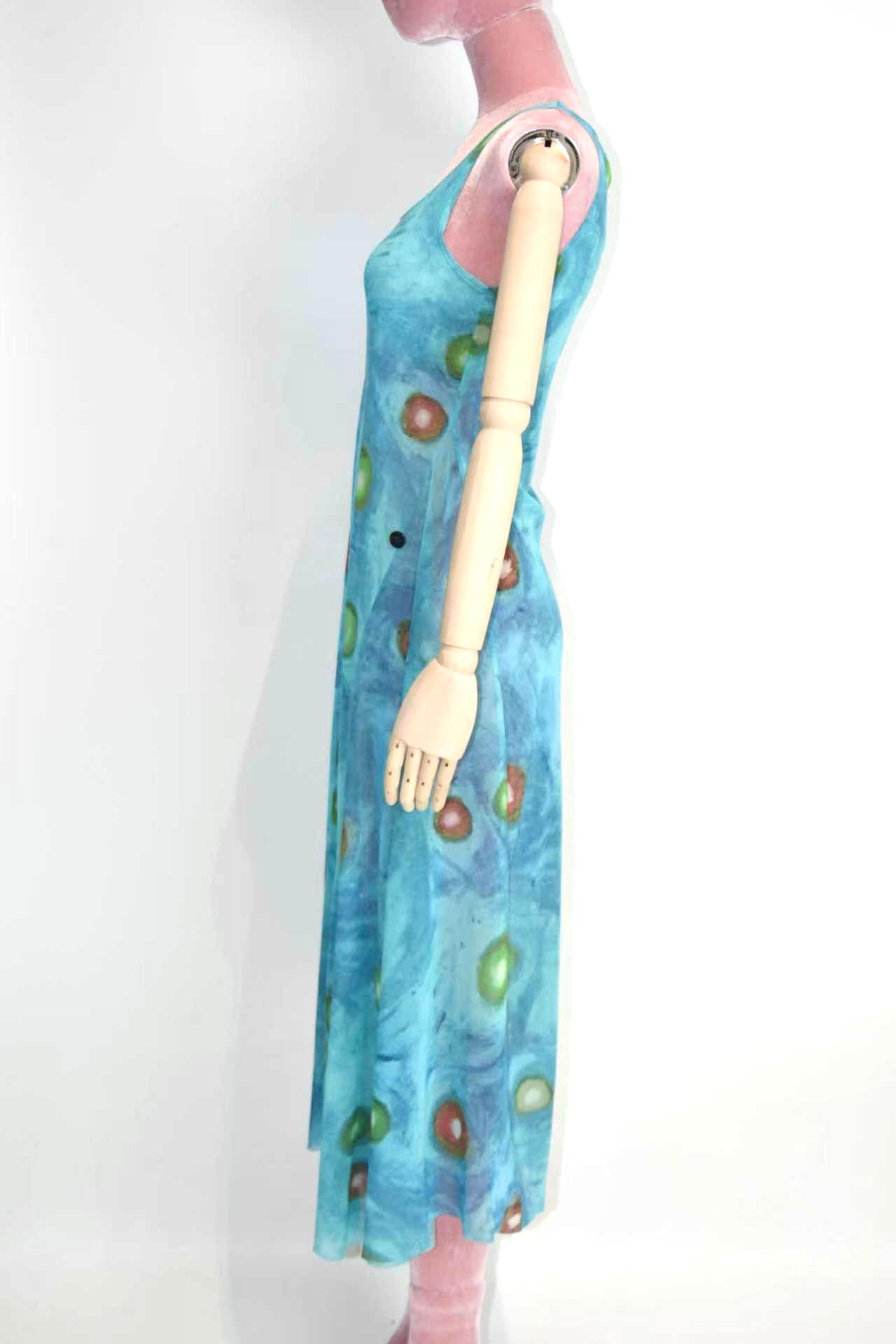 ISSEY MIYAKE Vintage Stretch Mesh Printed Tank Maxi Dress – Water Abstract Motif (Fits Women S–M)