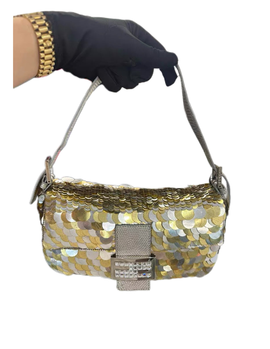 FENDI Rare Sequined Rhinestone Buckle Baguette Shoulder Bag