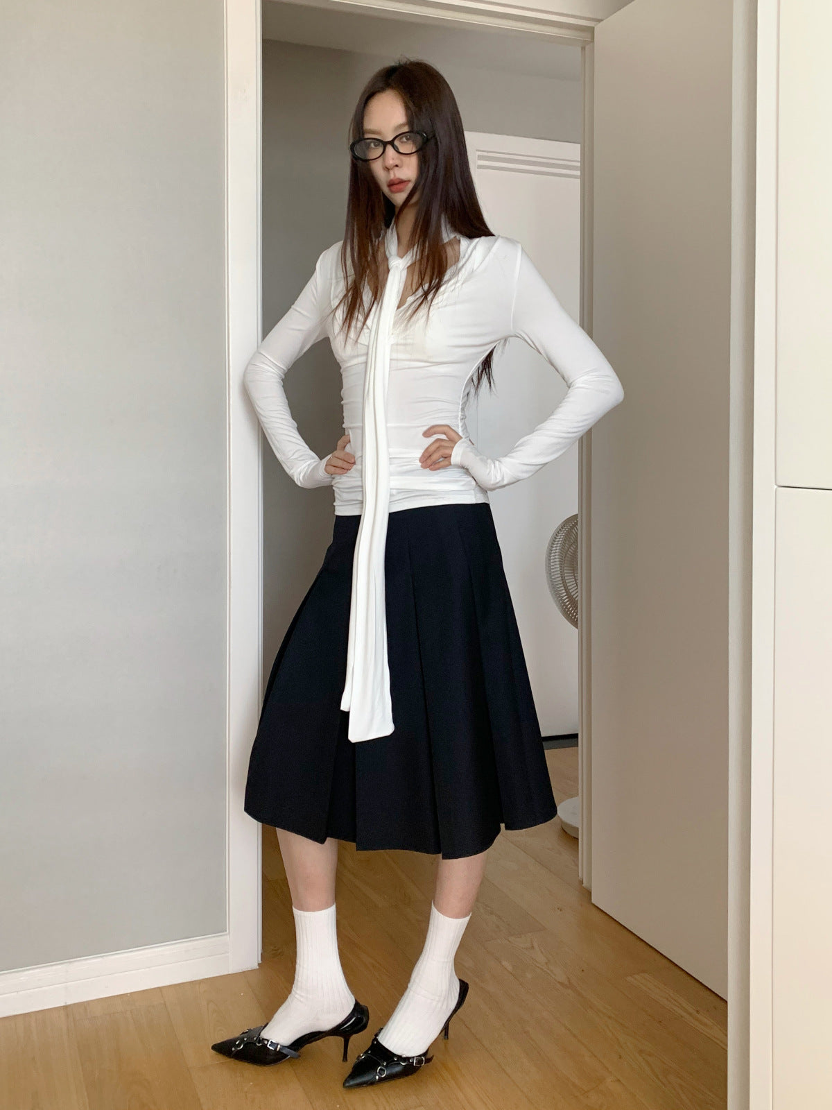 Casual Korean Style Color-Block Drawstring Midi Skirt for Women Autumn Mid-Length A High Waist Slimming Pleated Skirt for Women