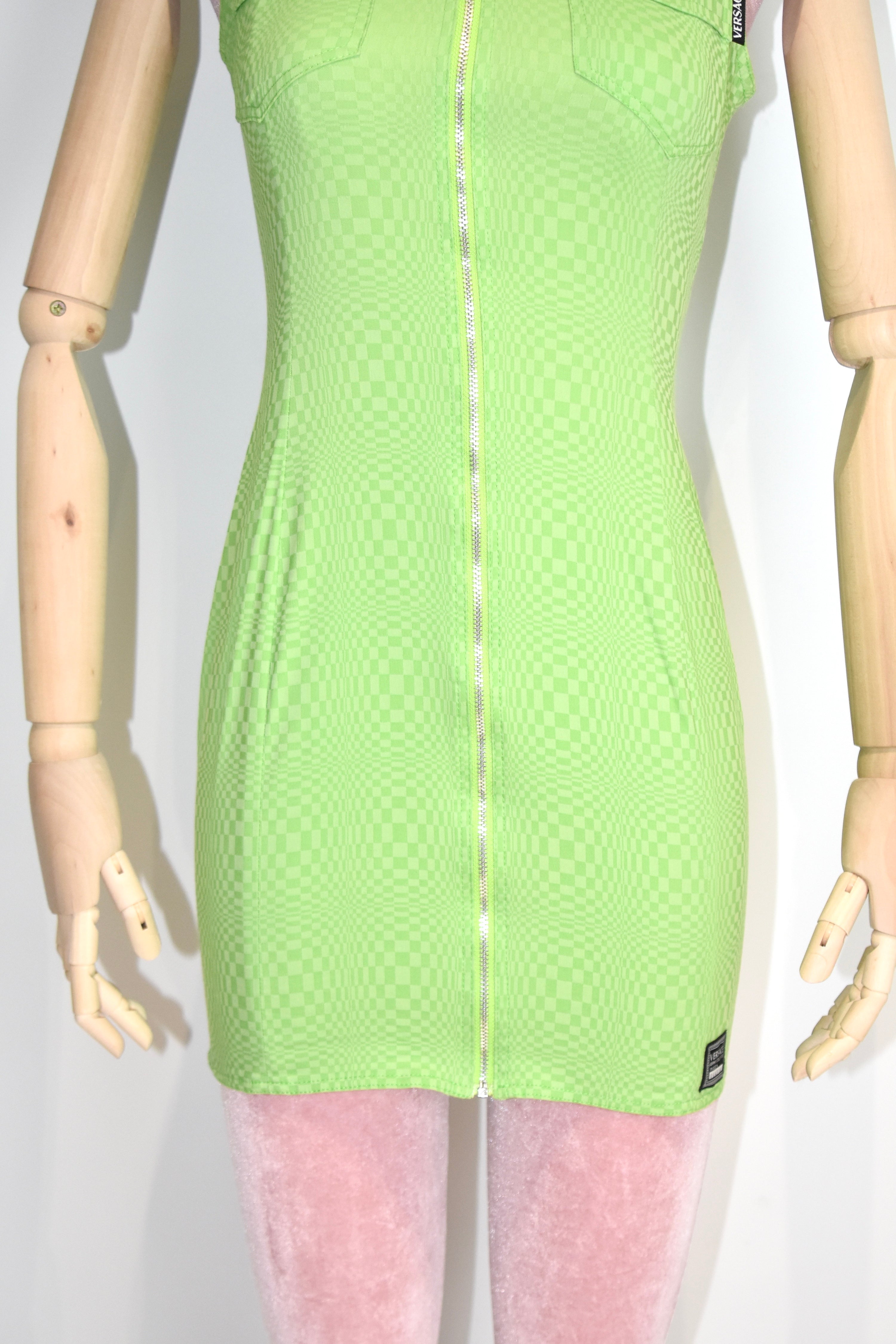 Versace Jeans Couture Green Checkered Zip-Up Sleeveless Mini Dress – Y2K Vintage Italy