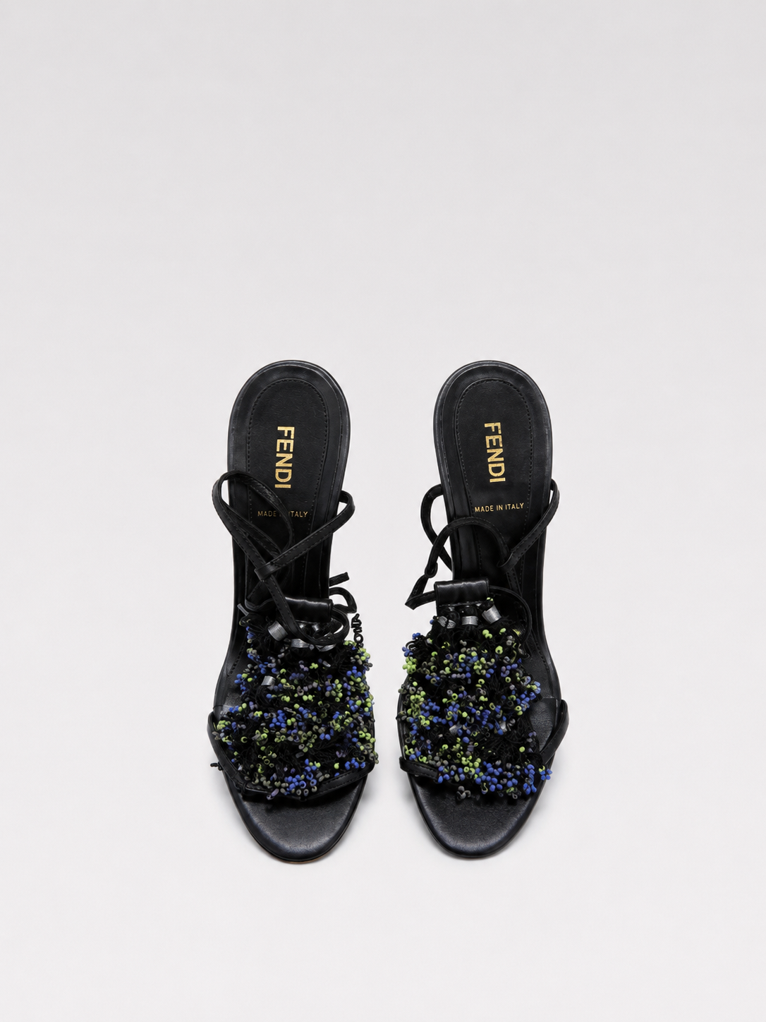 Fendi Vintage Hand-Beaded Wedge Sandals Rare Archive Sculptural Heel Black Leather Embellished Heels