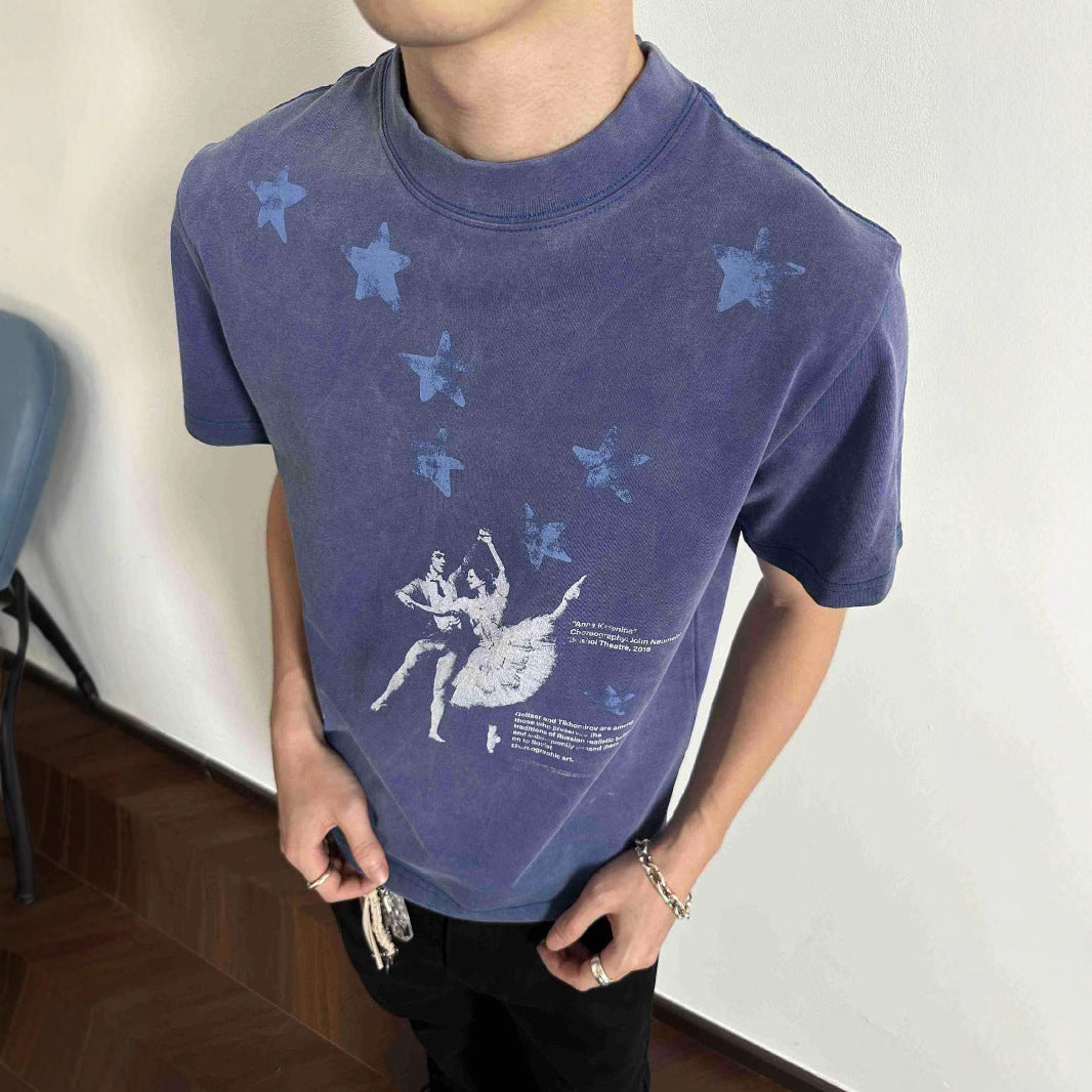 Men's Blue Star Dance Shadow Batik Cotton Washed Vintage Distressed Craft Print Summer Short Sleeve T-shirt