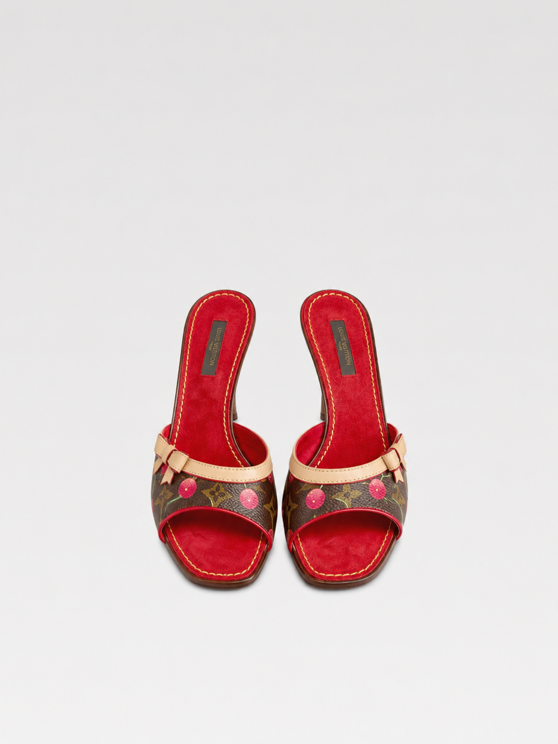 Louis Vuitton x Takashi Murakami Cherry Monogram Mule Heels Red Kitten Heel Sandals 37.5 Limited Edition Y2K Archive
