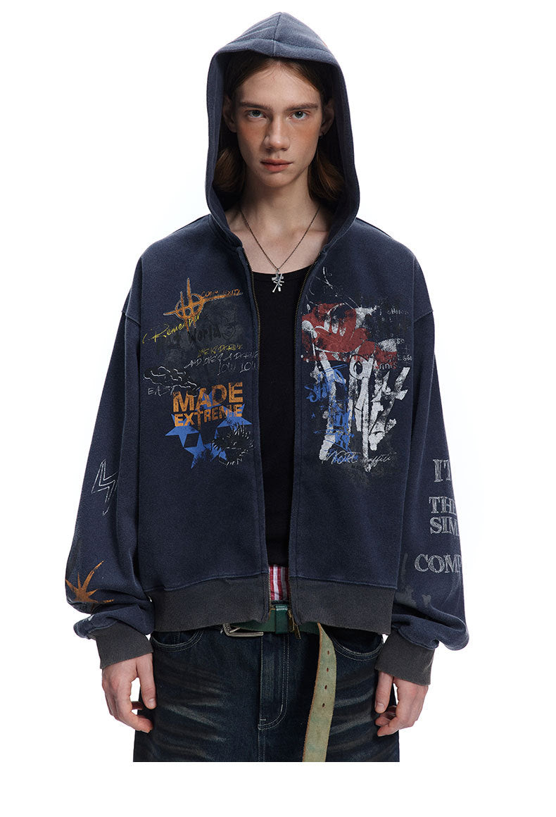 Street hip-hop graffiti sweatshirt for men and women, spring and autumn season oversize Trendy Hooded Cardigan Jacket
