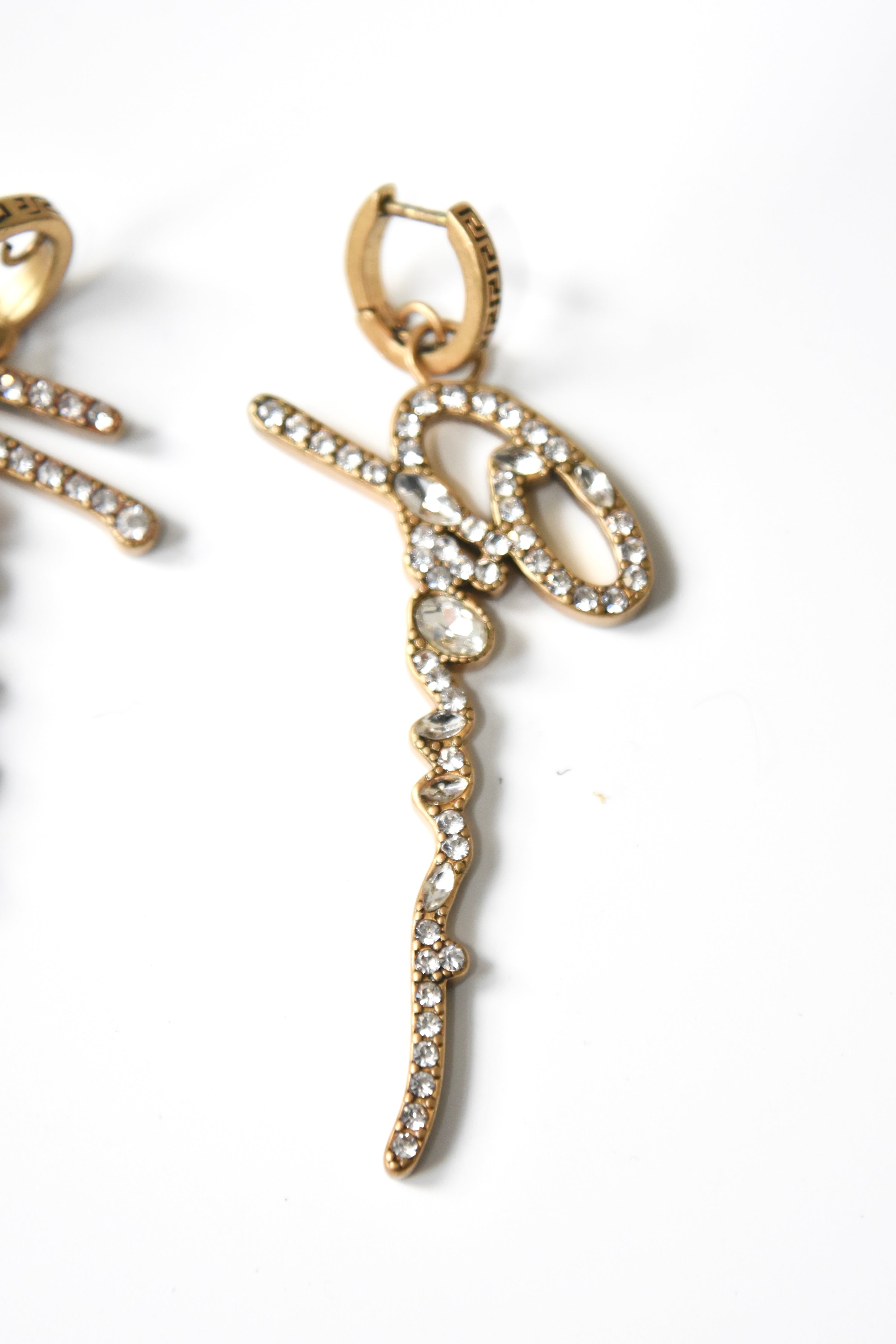 Gianni Versace Crystal Logo Drop Earrings – Vintage Gold Tone Statement Jewelry