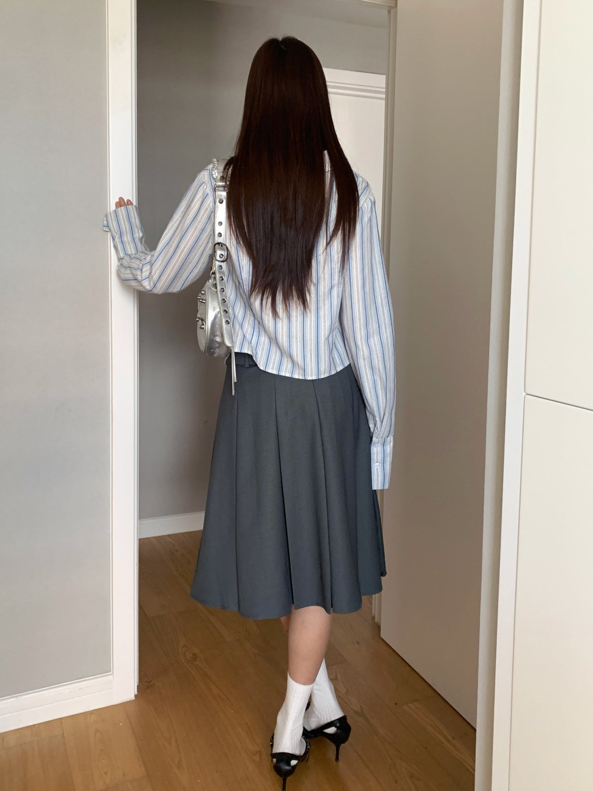 Casual Korean Style Color-Block Drawstring Midi Skirt for Women Autumn Mid-Length A High Waist Slimming Pleated Skirt for Women