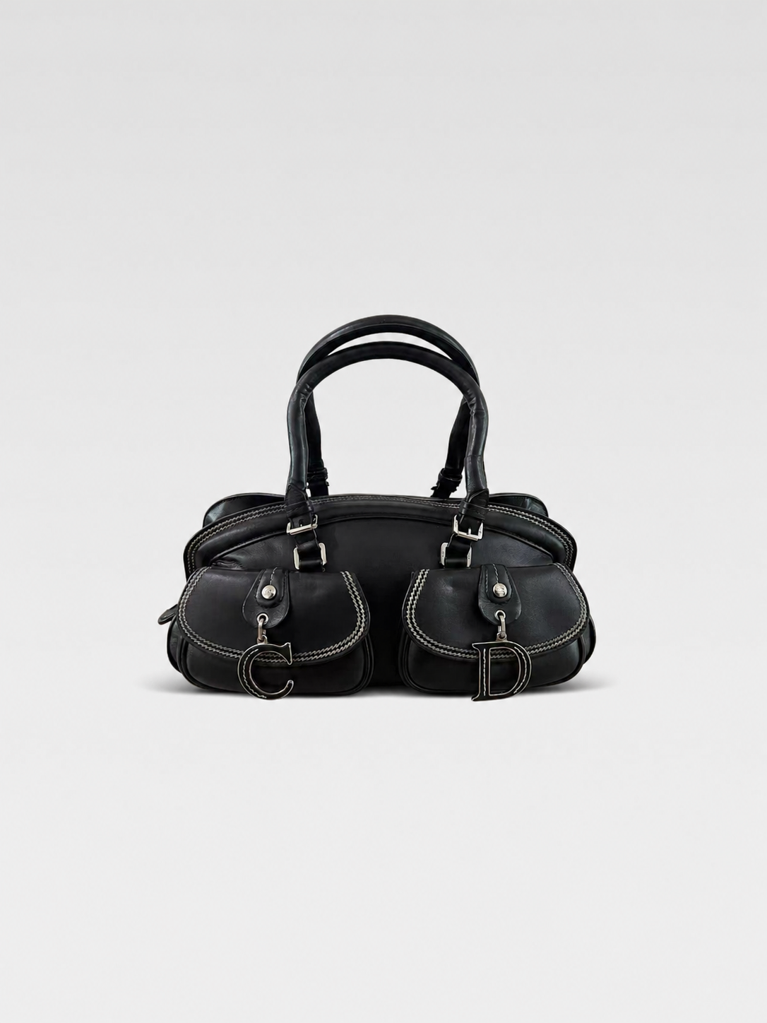 Christian Dior by John Galliano Black Leather Detective Bag Double Pocket CD Charm Rare Vintage