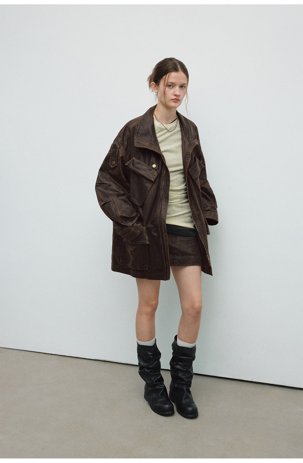 Spring New Casual Turn-Down Collar Vintage Distressed Multi-Pocket Versatile Long Jacket Coat