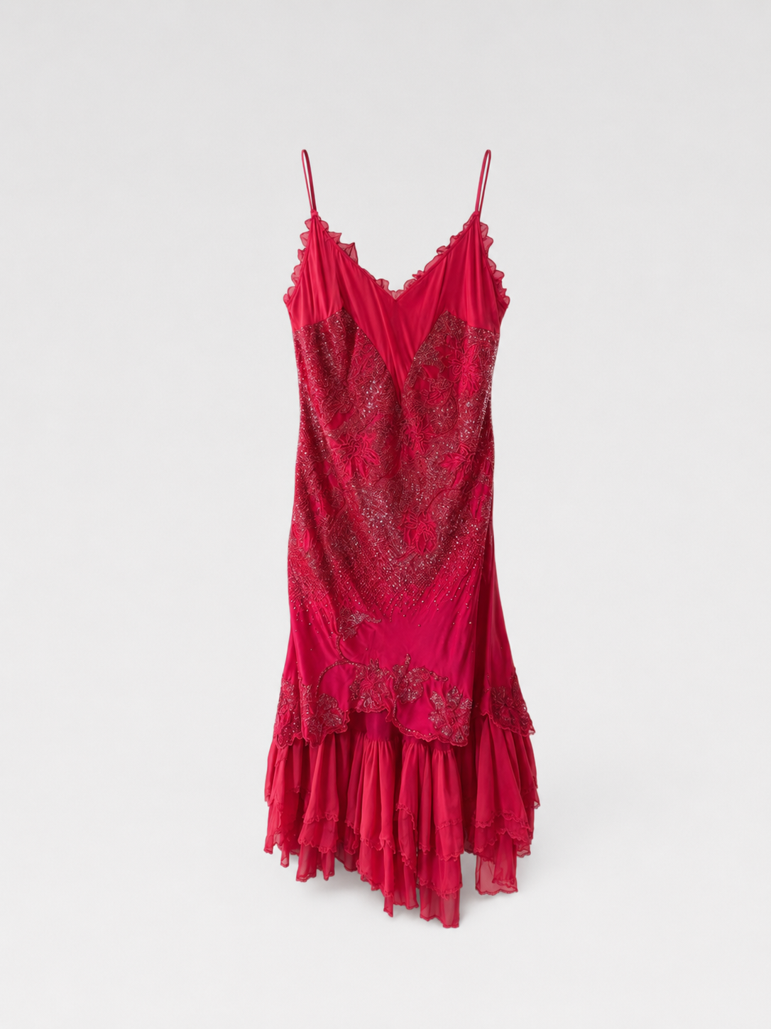 Roberto Cavalli 2004 Runway Red Silk Beaded Dress Vintage Heavy Embellished Slip Dress Museum Archive Piece