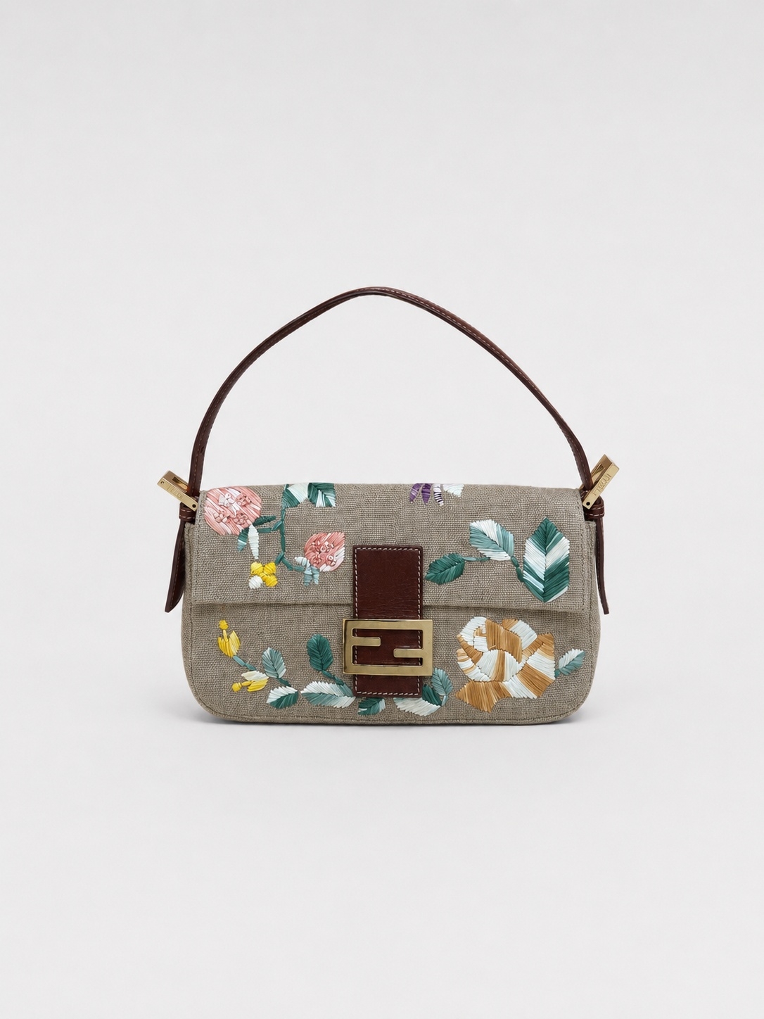 Fendi Embroidered Floral Linen Baguette Shoulder Bag – Vintage FF Logo Clasp Bag