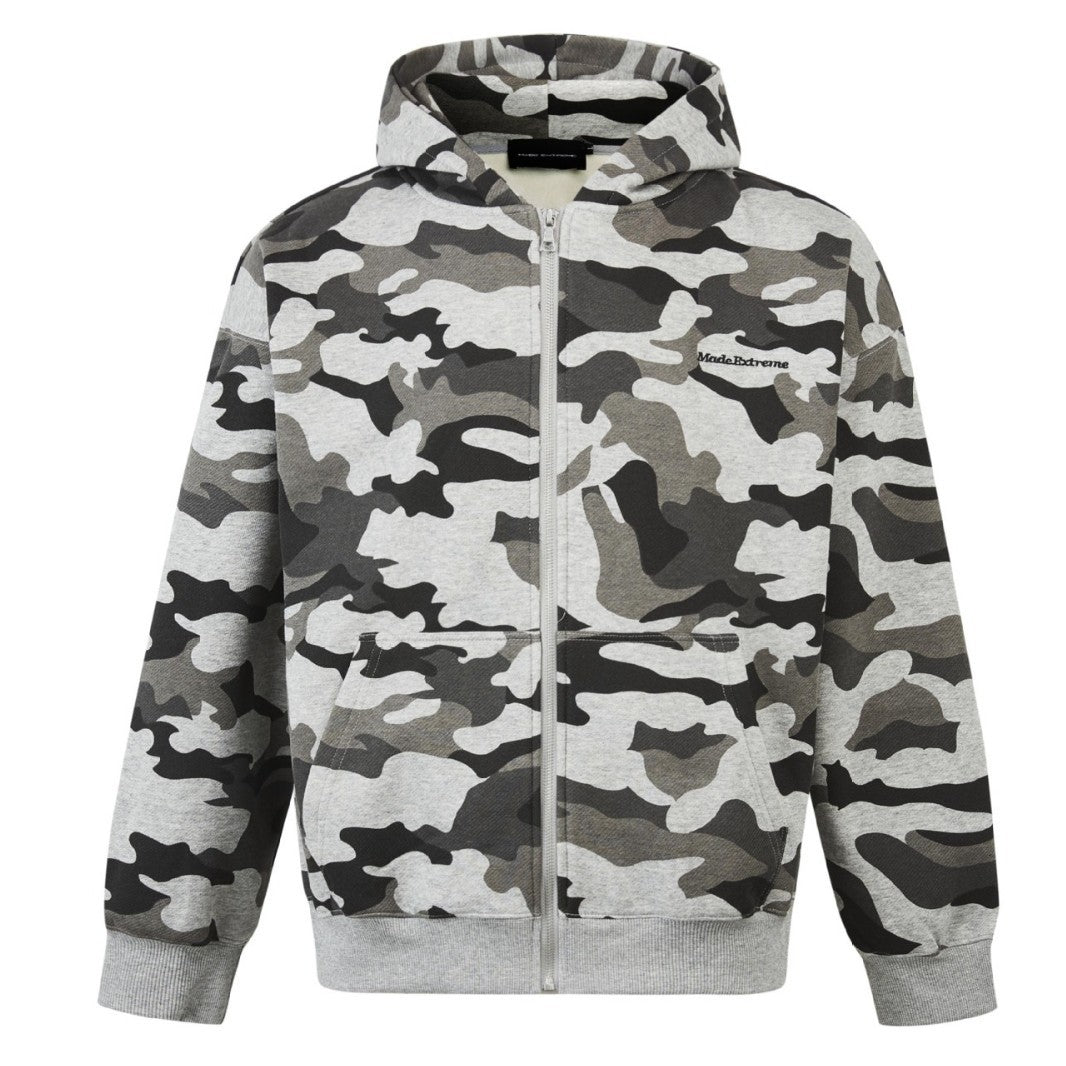 Grey Camouflage Loose Hooded Sweatshirt Autumn Jacket for Men and Women