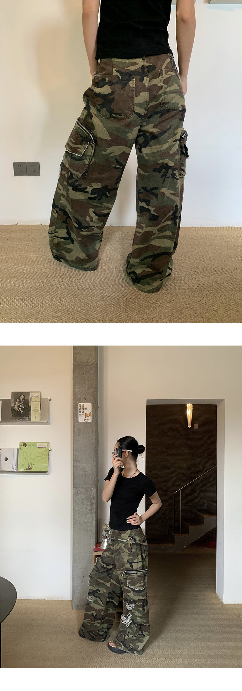 Retro camouflage workwear jeans Summer Ripped Casual Long Pants for Women