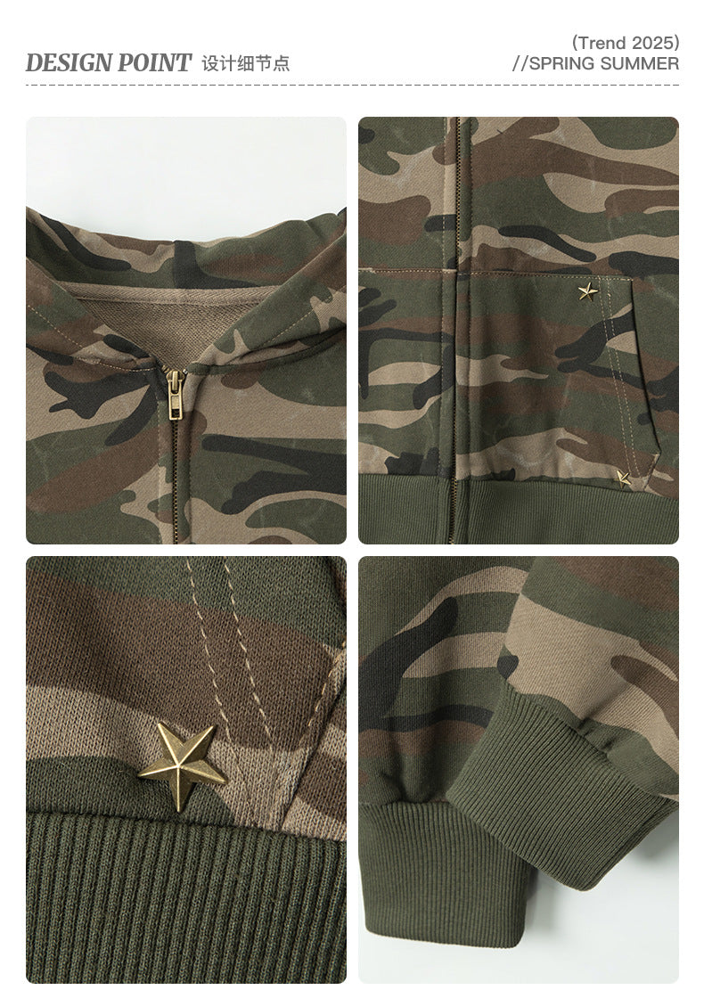 Camouflage short hot girl hooded sweatshirt for women2025Spring and Autumn Zipper Retro Cardigan Jacket