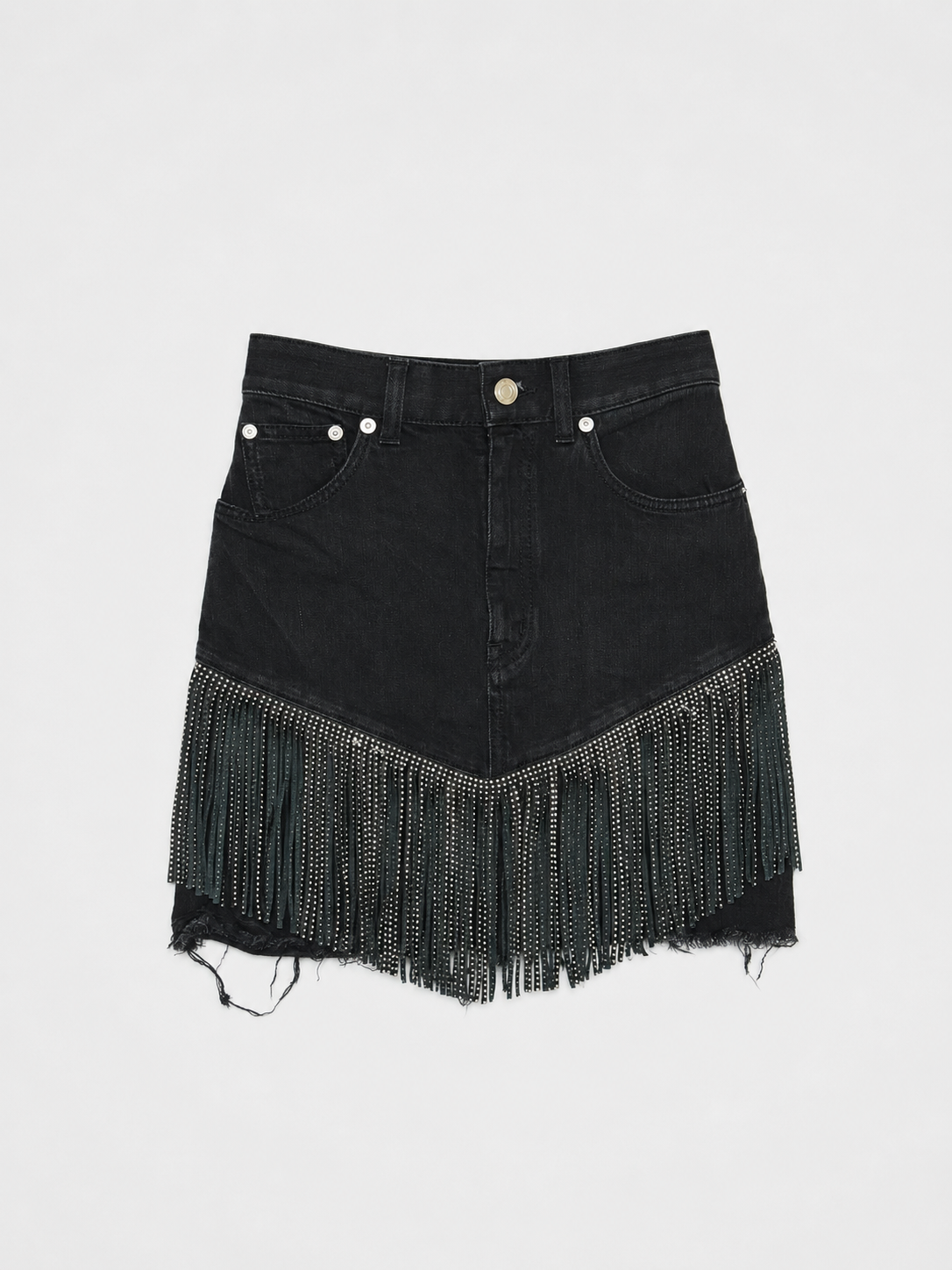 Saint Laurent Paris Embellished Fringe Denim Mini Skirt — Black Distressed High-Rise (Near New)