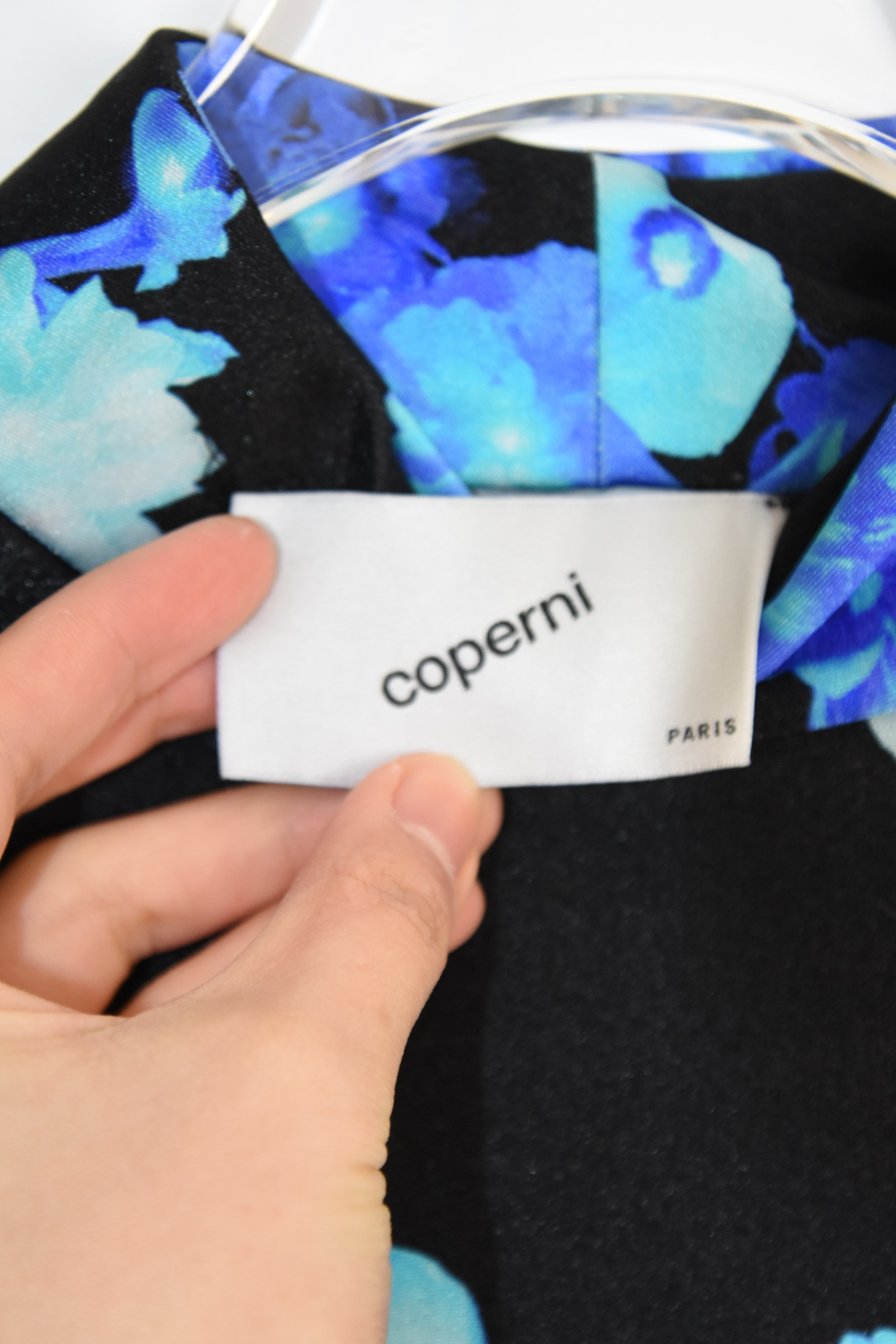 Coperni Blue Floral Stretch Glossy Top – Women’s Size S (Digital Print / Mock Neck / Technical Jersey)