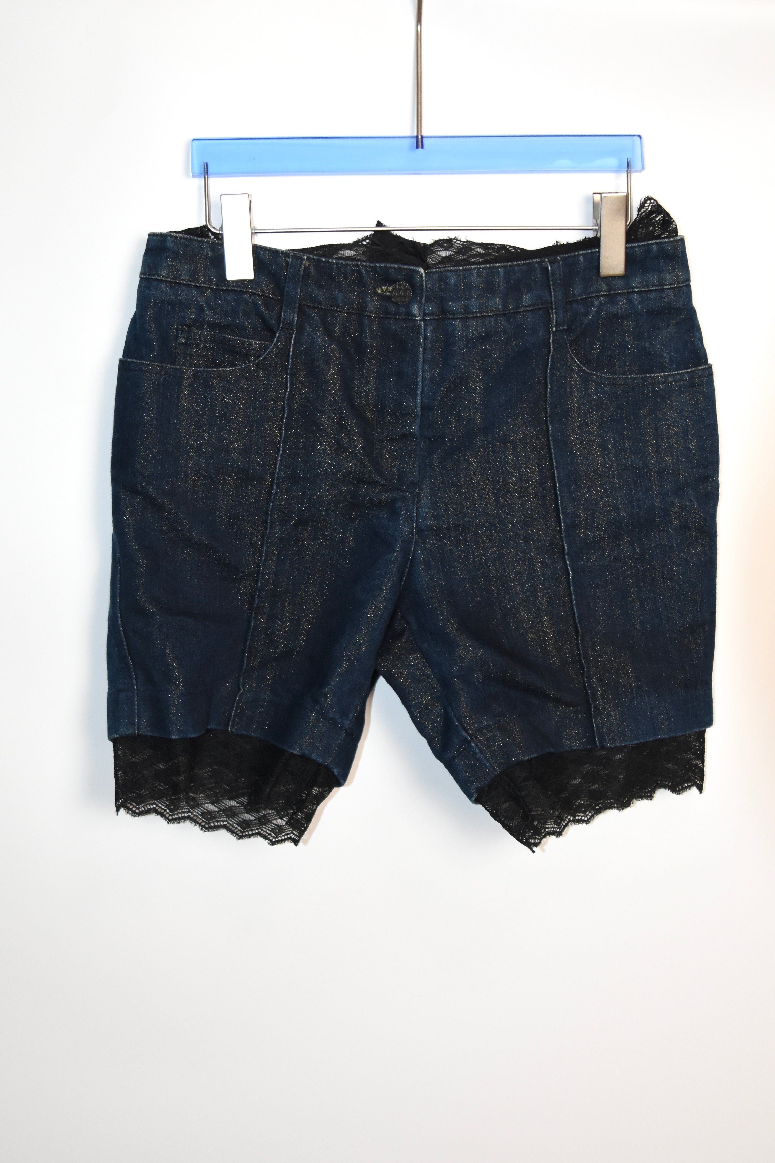 CHANEL S/S 2007 Gold Lurex Denim Lace Shorts – Size 40 (Made in Italy, Archive Runway Detail)