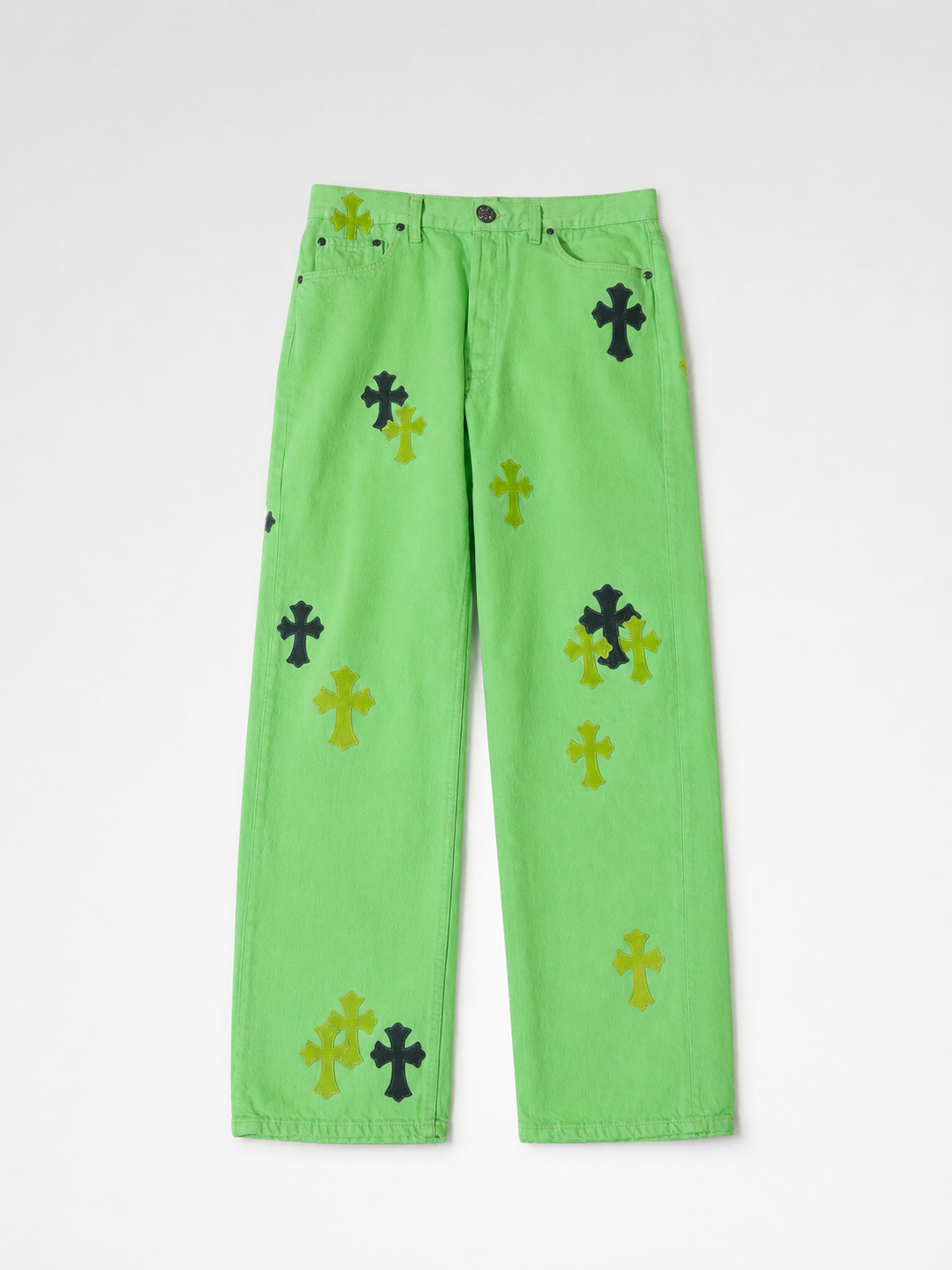 Chrome Hearts x Levi’s 501 SEX Records Exclusive Neon Green Cross Patch Jeans – Rare Exhibition Limited Piece