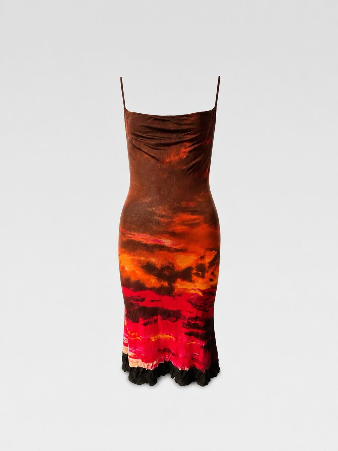 Roberto Cavalli Vintage Sunset Landscape Print Silk Dress – Rare Archive Flame Gradient Spaghetti Strap Evening Dress