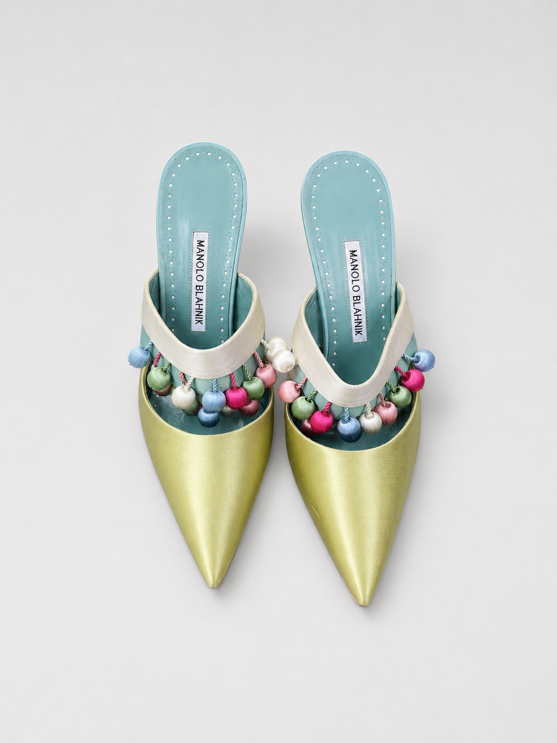 Manolo Blahnik Green Satin Runway Heels Pastel Beaded Mule Pumps Pointed Toe Size 40